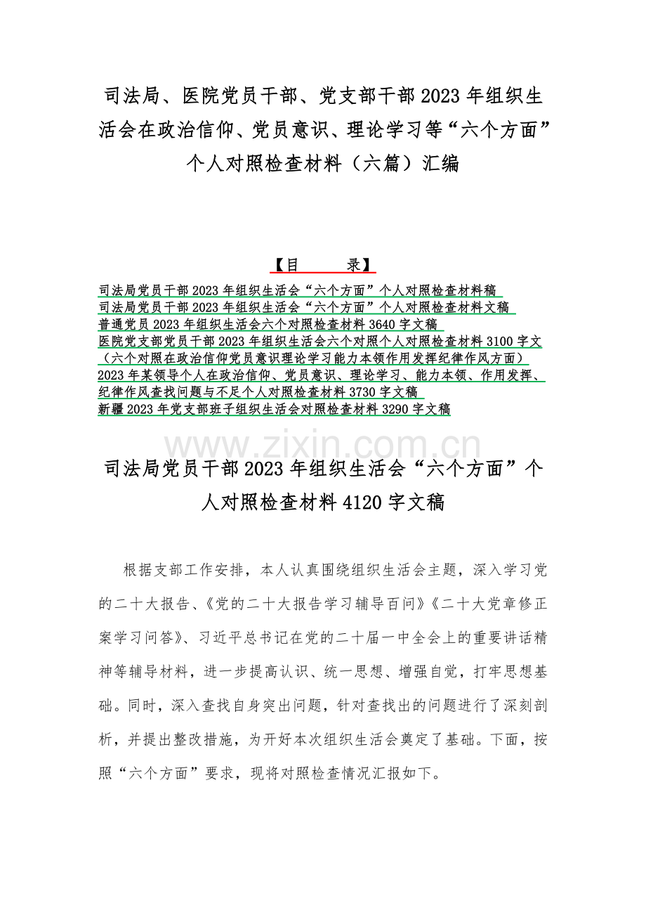 司法局、医院党员干部、党支部干部2023年组织生活会在政治信仰、党员意识、理论学习等“六个方面”个人对照检查材料（六篇）汇编.docx_第1页