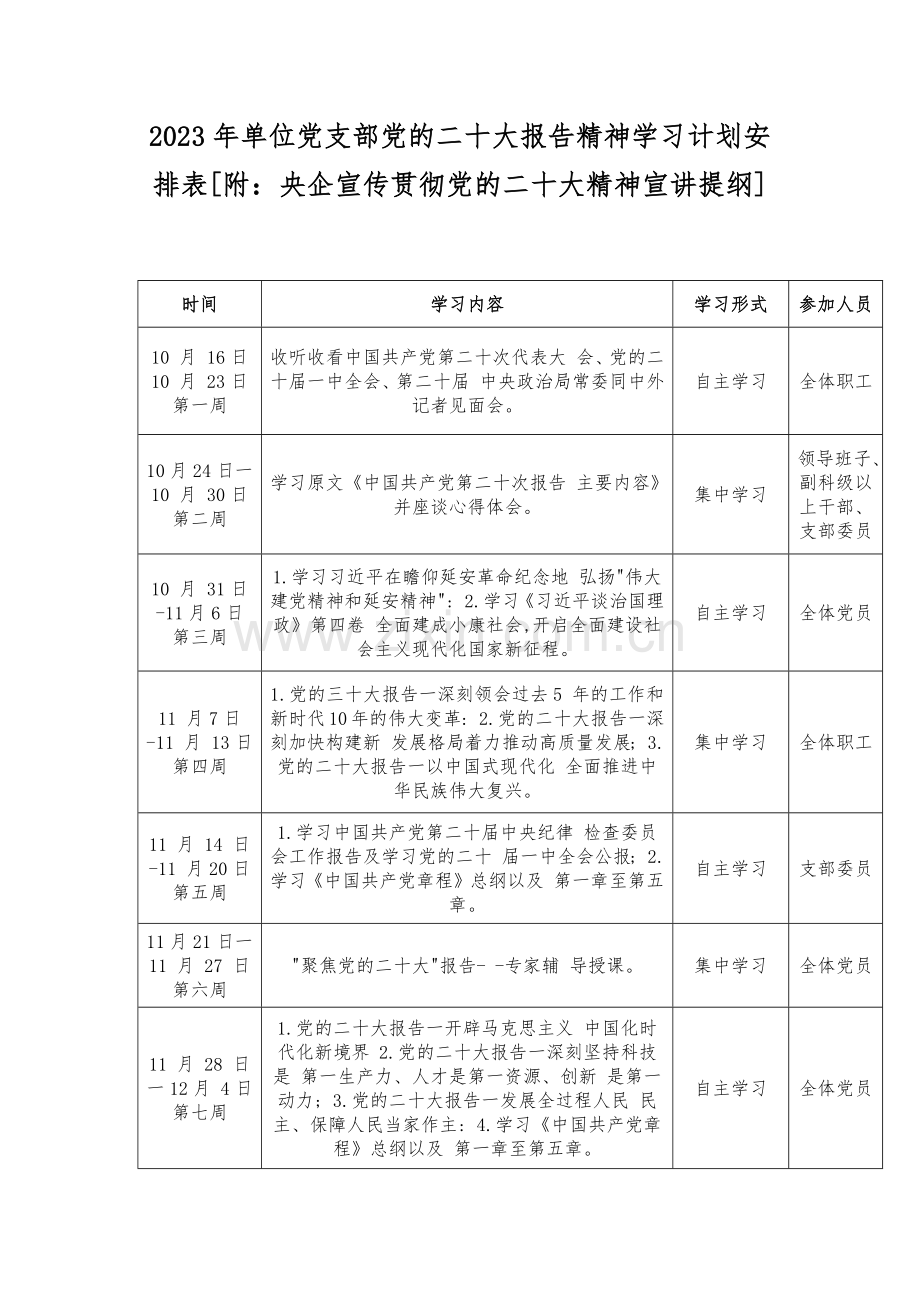 2023年单位党支部党的二20十大报告精神学习计划安排表[附：央企宣传贯彻党的二20十大精神宣讲提纲].docx_第1页