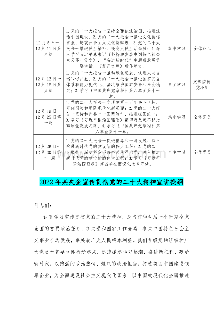 2023年单位党支部党的二20十大报告精神学习计划安排表[附：央企宣传贯彻党的二20十大精神宣讲提纲].docx_第2页