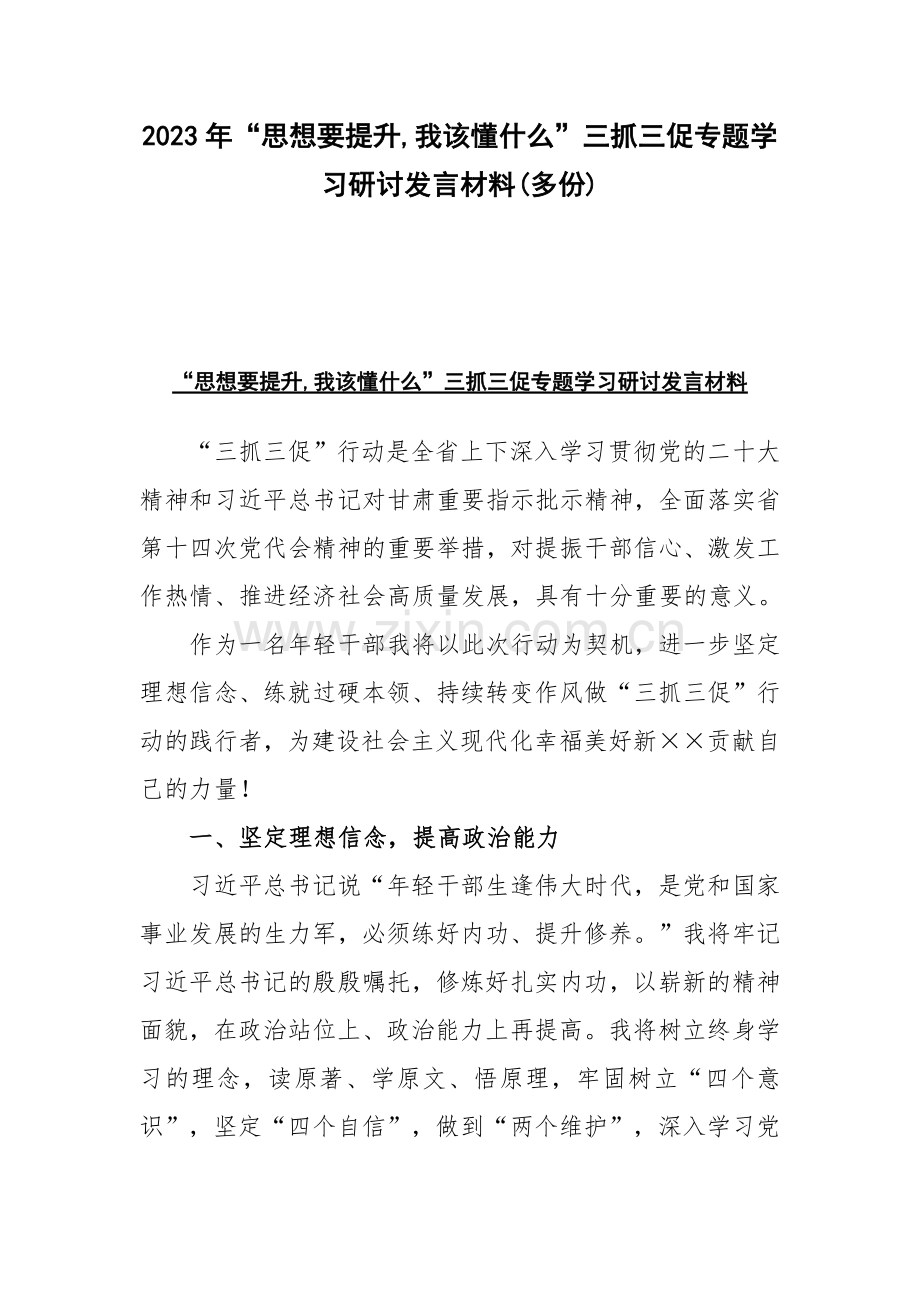 2023年“思想要提升,我该懂什么”三抓三促专题学习研讨发言材料(多份).docx_第1页