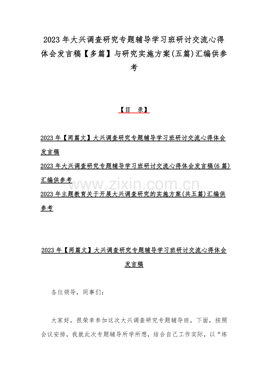 2023年大兴调查研究专题辅导学习班研讨交流心得体会发言稿【多篇】与研究实施方案(五篇)汇编供参考.docx_第1页