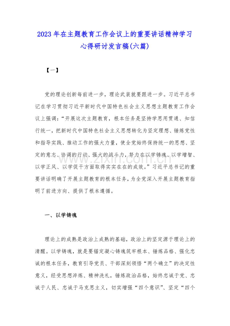 2023年在主题教育工作会议上的重要讲话精神学习心得研讨发言稿与主题教育专题党课讲稿(各六篇)汇编供参考.docx_第2页
