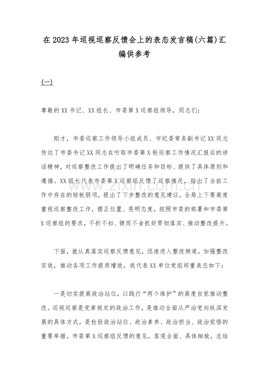 在2023年巡视巡察反馈会上的表态发言稿(六篇)汇编供参考.docx_第1页