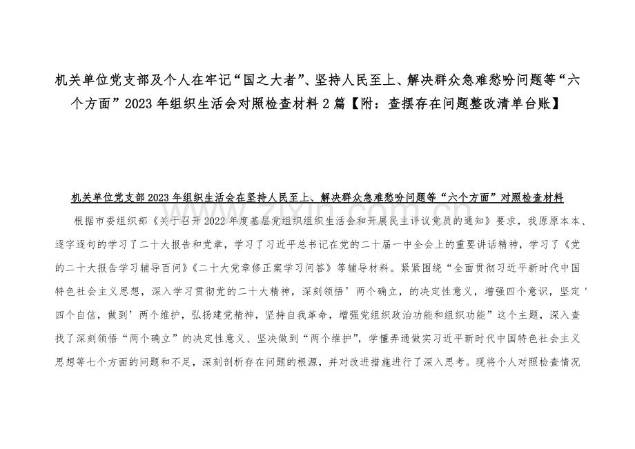 机关单位党支部及个人在牢记“国之大者”、坚持人民至上、解决群众急难愁吩问题等“六个方面”2023年组织生活会对照检查材料2篇【附：查摆存在问题整改清单台账】.docx_第1页