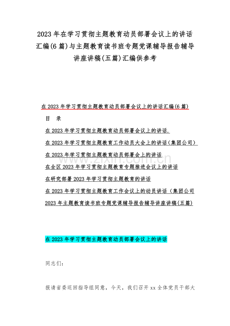 2023年在学习贯彻主题教育动员部署会议上的讲话汇编(6篇)与主题教育读书班专题党课辅导报告辅导讲座讲稿(五篇)汇编供参考.docx_第1页