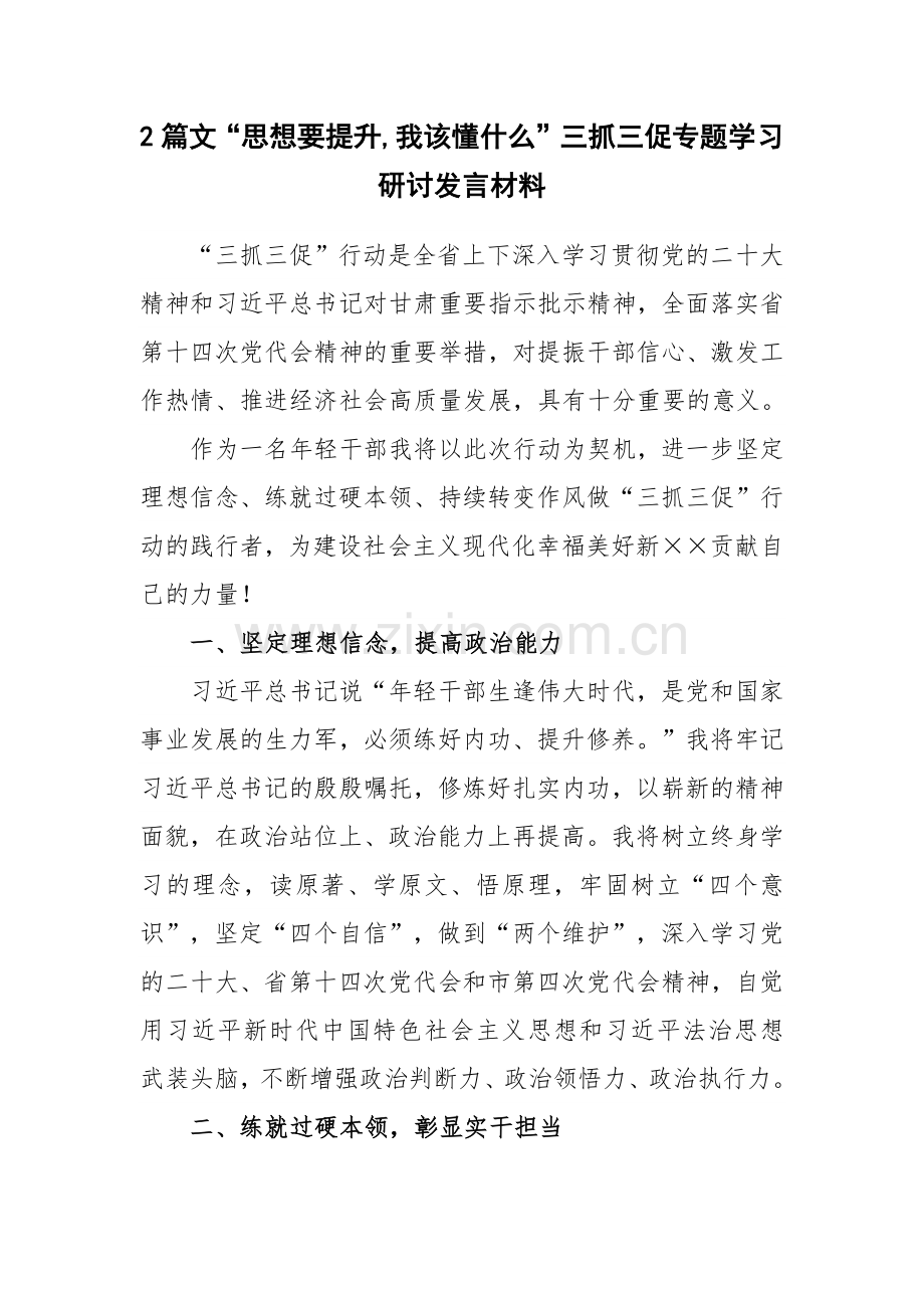 2篇文“思想要提升,我该懂什么”三抓三促专题学习研讨发言材料.docx_第1页