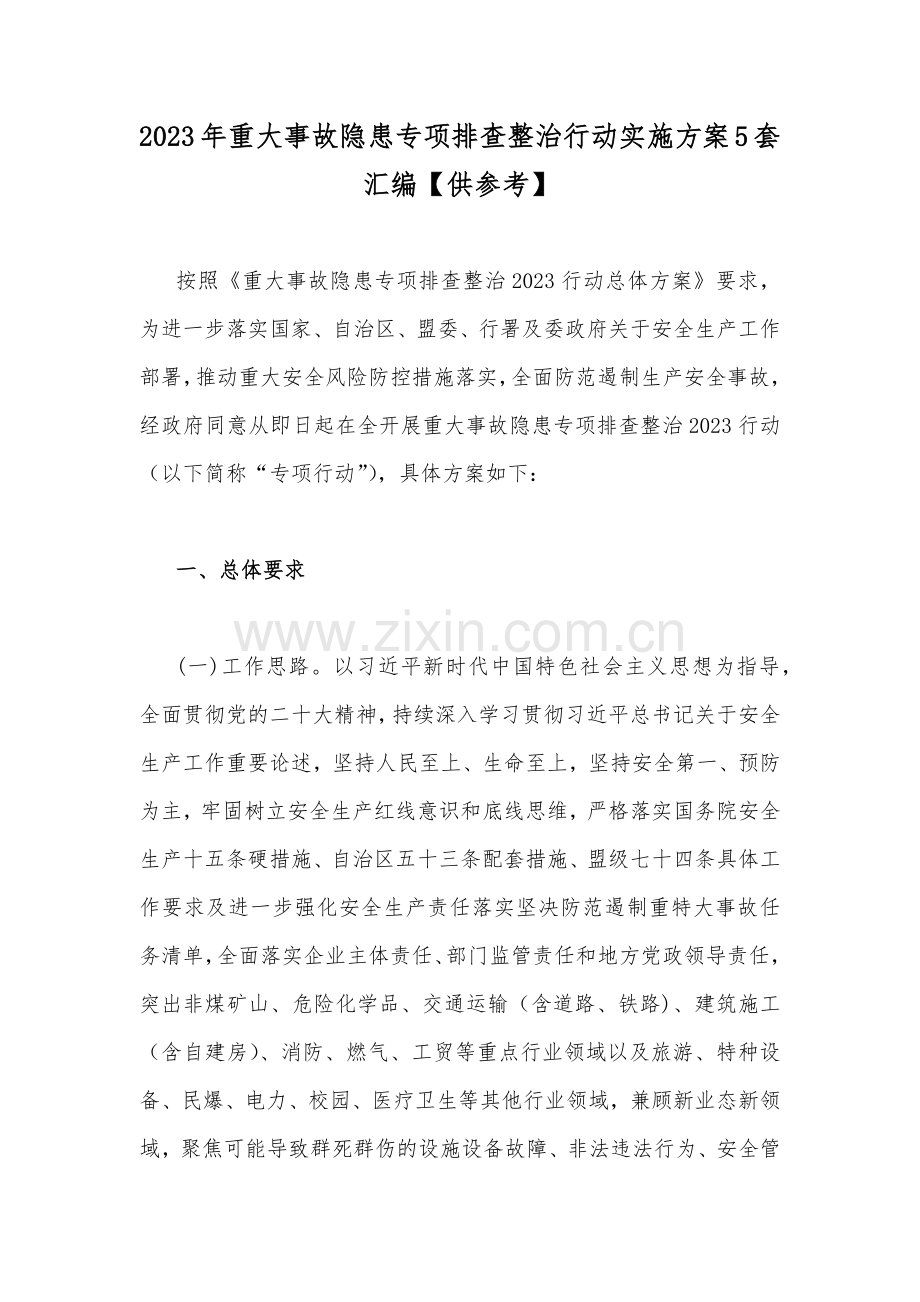 2023年重大事故隐患专项排查整治行动实施方案5套汇编【供参考】.docx_第1页