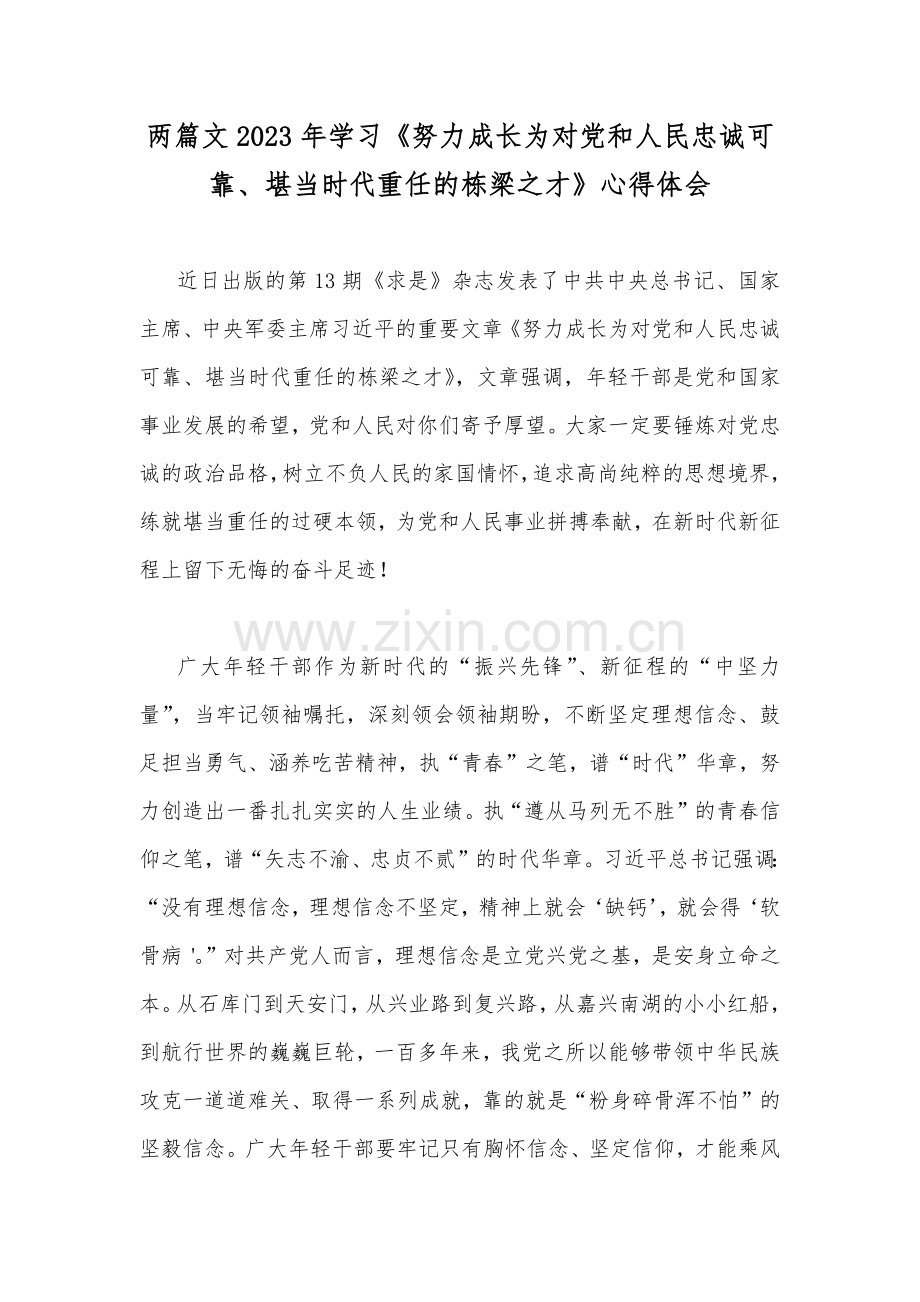 两篇文2023年学习《努力成长为对党和人民忠诚可靠、堪当时代重任的栋梁之才》心得体会.docx_第1页