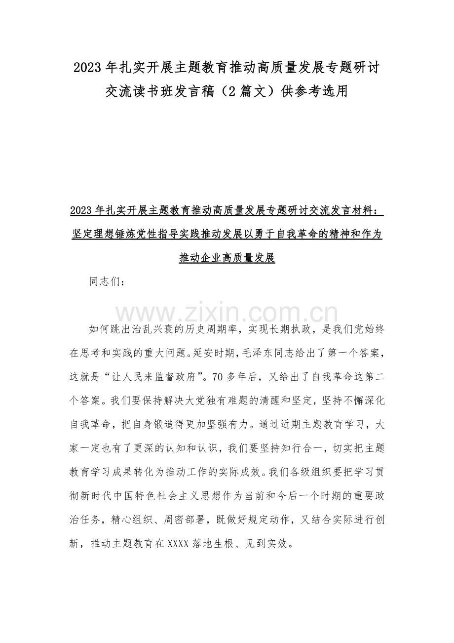 2023年扎实开展主题教育推动高质量发展专题研讨交流读书班发言稿（2篇文）供参考选用.docx_第1页