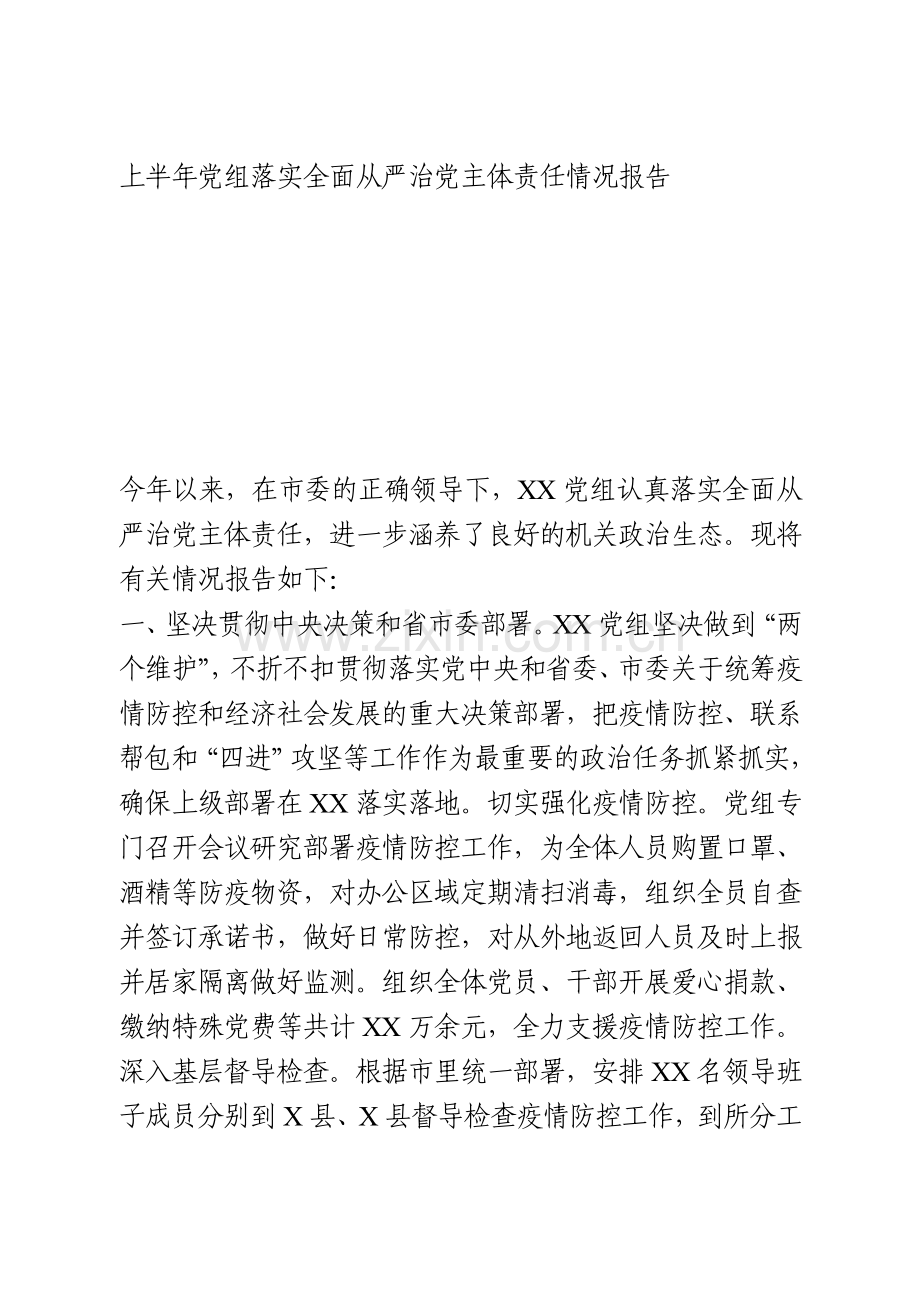 上半年党组落实全面从严治党主体责任情况报告.doc_第1页