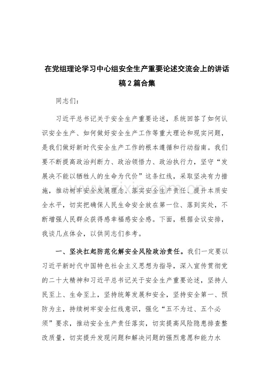 在党组理论学习中心组安全生产重要论述交流会上的讲话稿2篇合集.docx_第1页