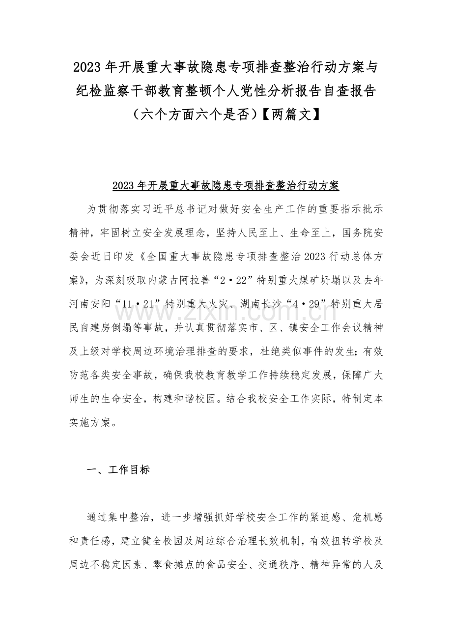 2023年开展重大事故隐患专项排查整治行动方案与纪检监察干部教育整顿个人党性分析报告自查报告（六个方面六个是否）【两篇文】.docx_第1页