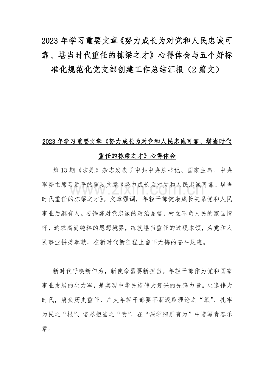 2023年学习重要文章《努力成长为对党和人民忠诚可靠、堪当时代重任的栋梁之才》心得体会与五个好标准化规范化党支部创建工作总结汇报（2篇文）.docx_第1页