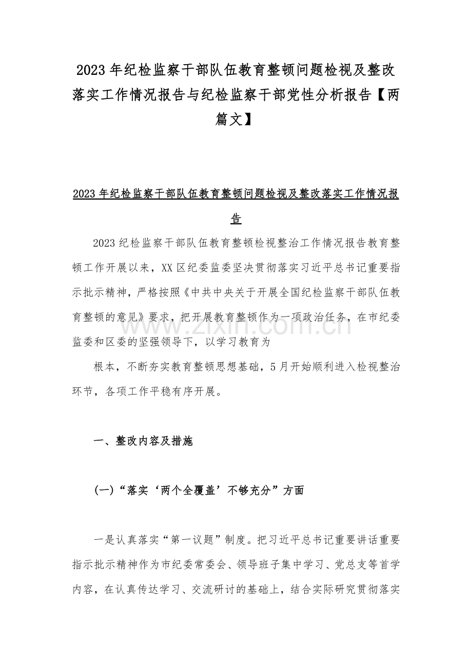 2023年纪检监察干部队伍教育整顿问题检视及整改落实工作情况报告与纪检监察干部党性分析报告【两篇文】.docx_第1页