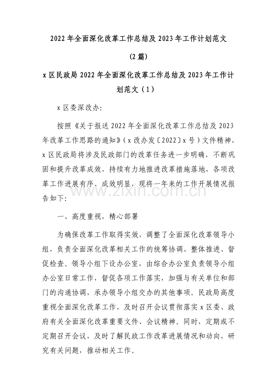 2022年全面深化改革工作总结及2023年工作计划范文(2篇).docx_第1页