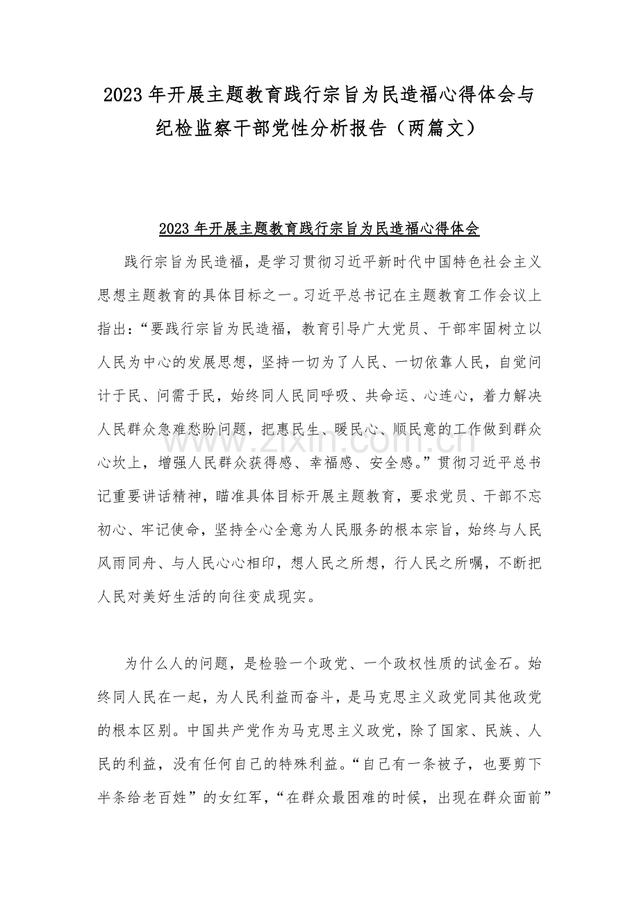2023年开展主题教育践行宗旨为民造福心得体会与纪检监察干部党性分析报告（两篇文）.docx_第1页