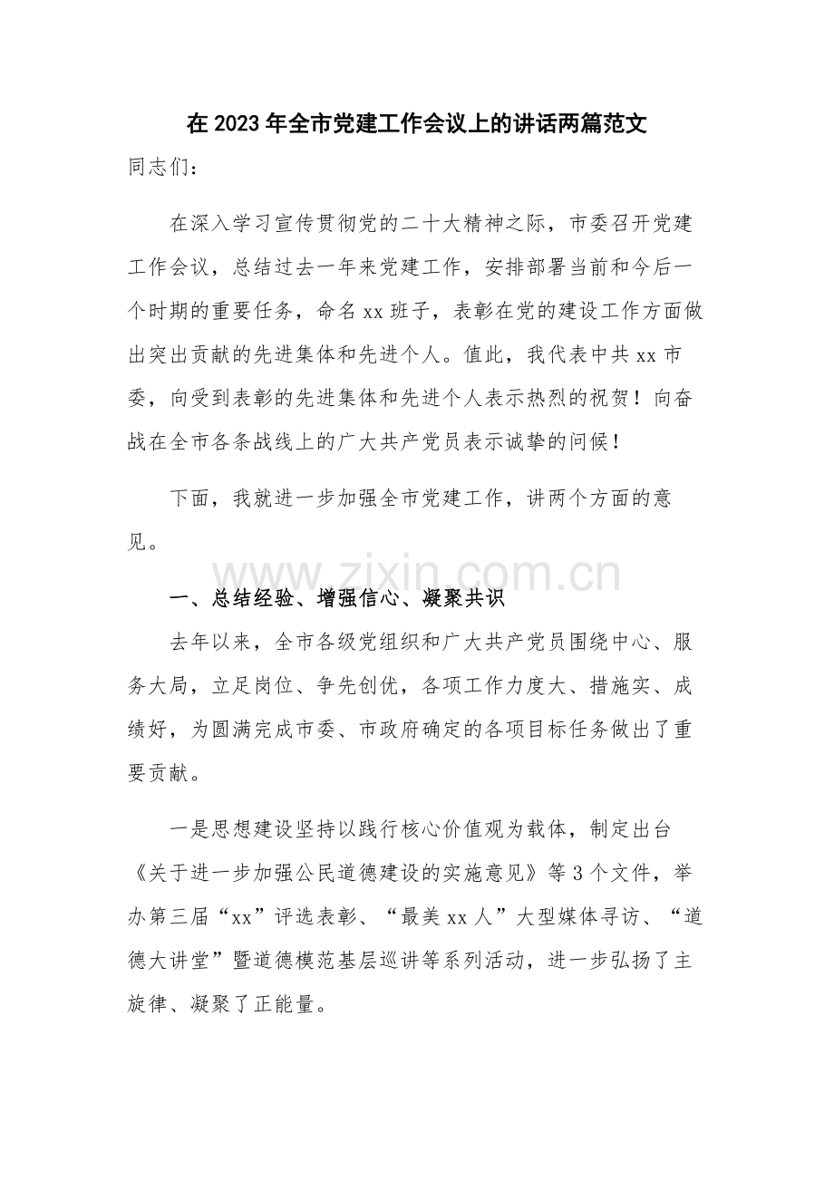 在2023年全市党建工作会议上的讲话两篇范文.docx_第1页
