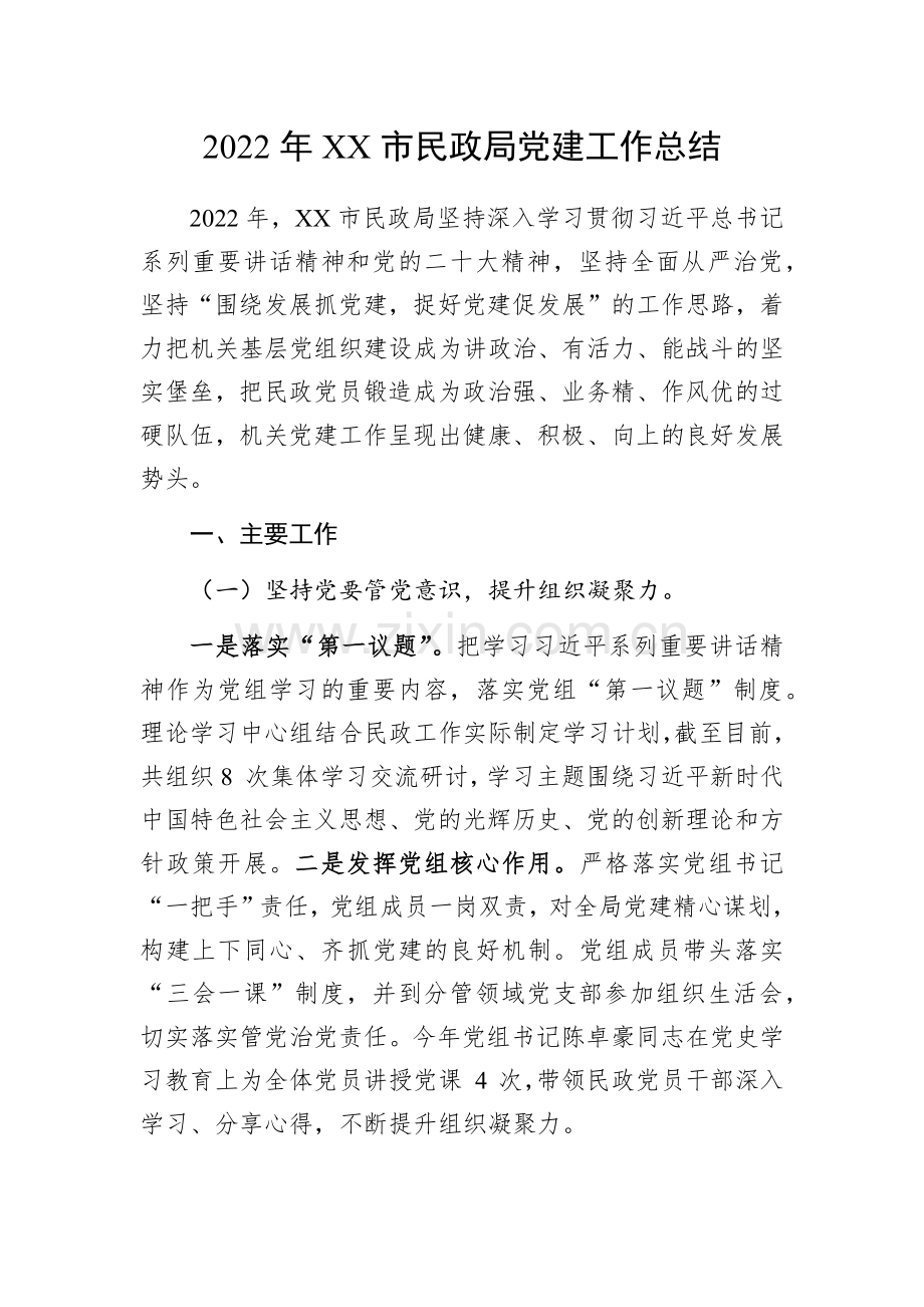 2022年XX市民政局党建工作总结.docx_第1页