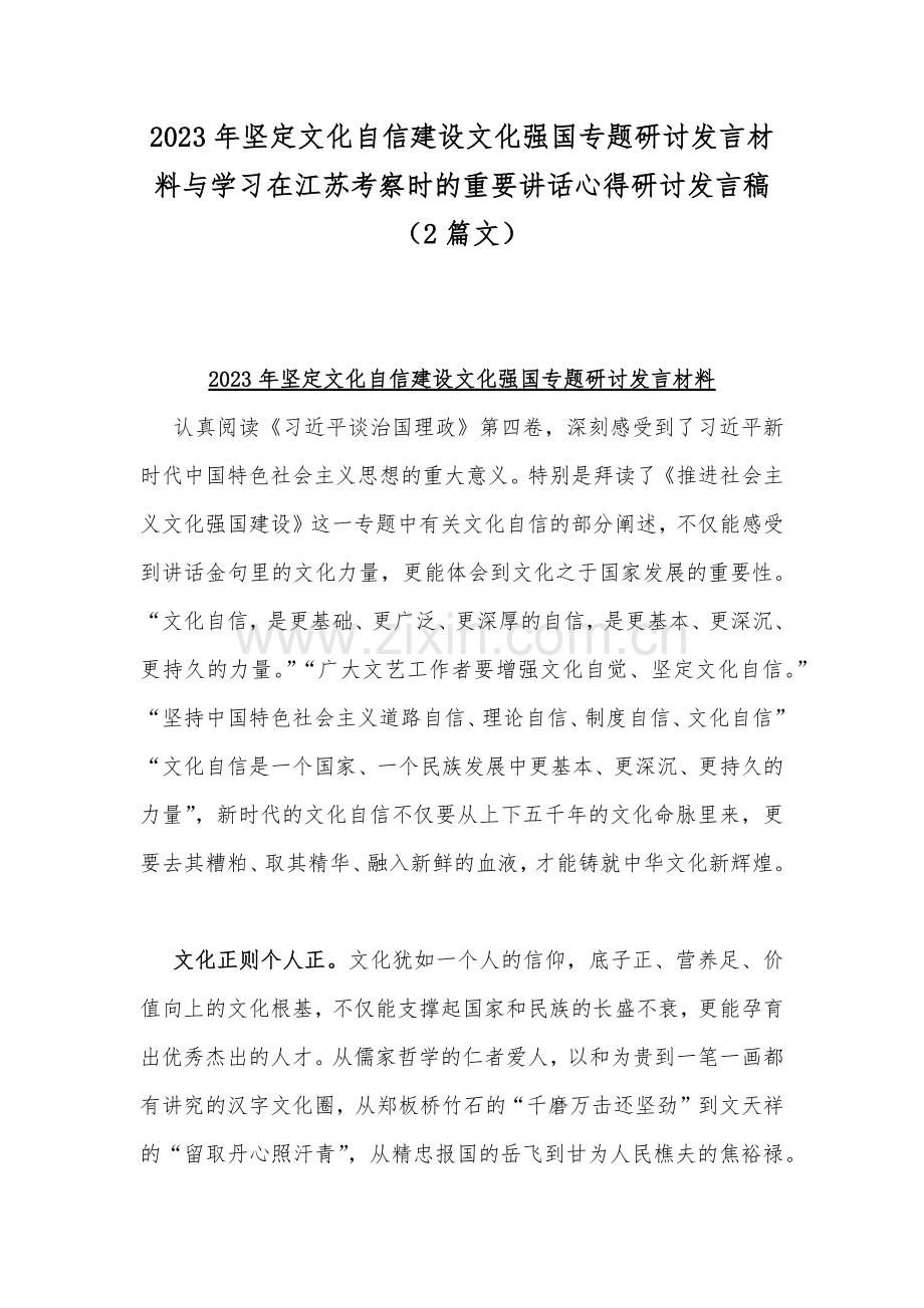 2023年坚定文化自信建设文化强国专题研讨发言材料与学习在江苏考察时的重要讲话心得研讨发言稿（2篇文）.docx_第1页