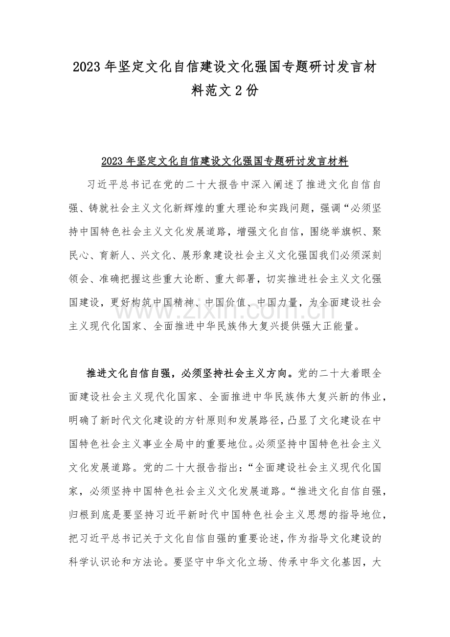 2023年坚定文化自信建设文化强国专题研讨发言材料范文2份.docx_第1页