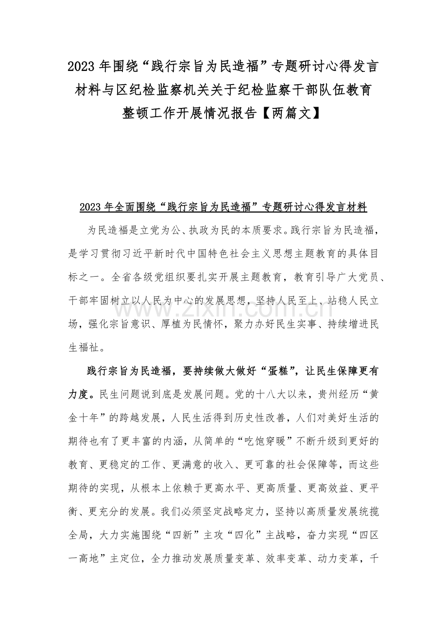 2023年围绕“践行宗旨为民造福”专题研讨心得发言材料与区纪检监察机关关于纪检监察干部队伍教育整顿工作开展情况报告【两篇文】.docx_第1页