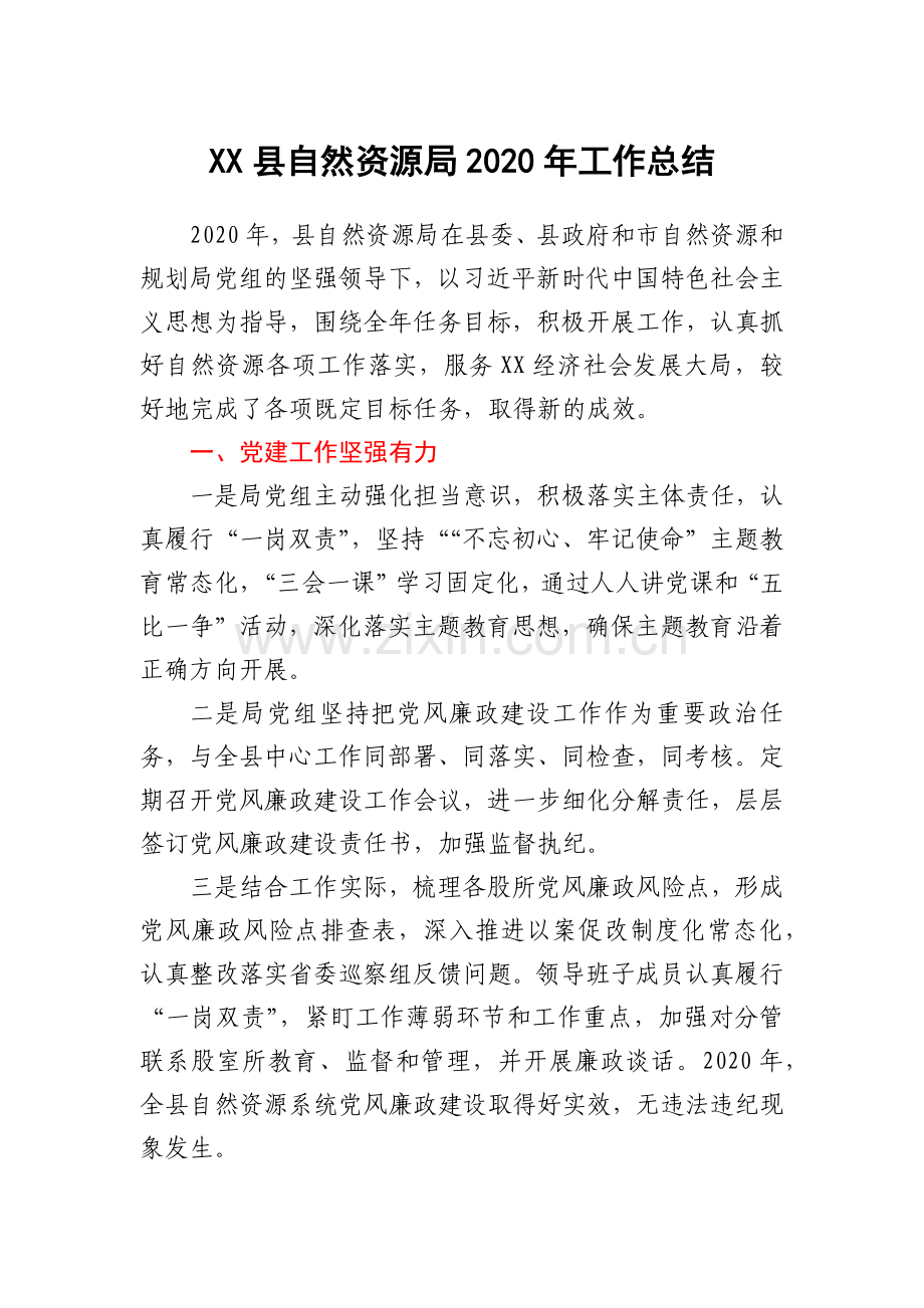 XX县自然资源局2020年工作总结.docx_第1页