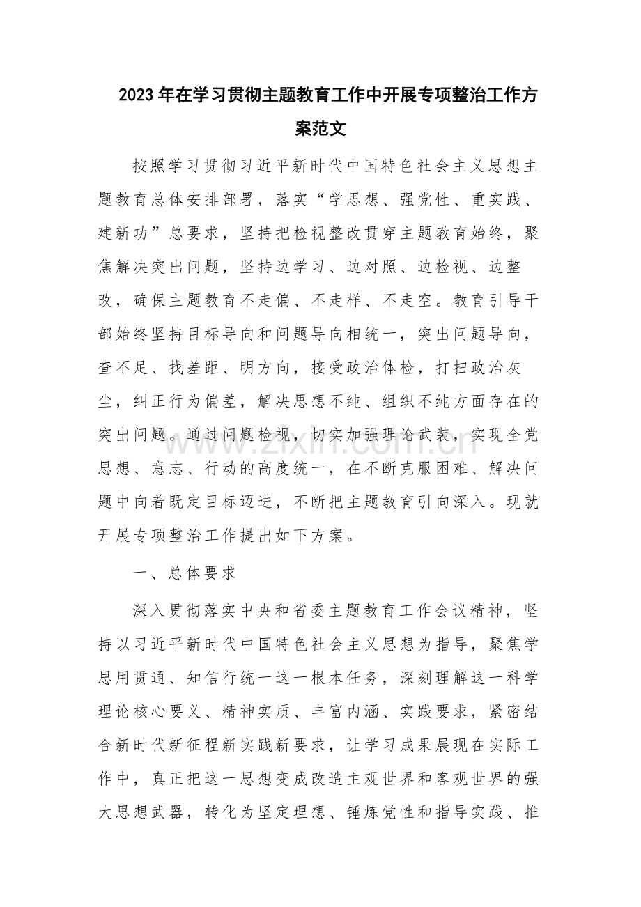 2023年在学习贯彻主题教育工作中开展专项整治工作方案范文.docx_第1页