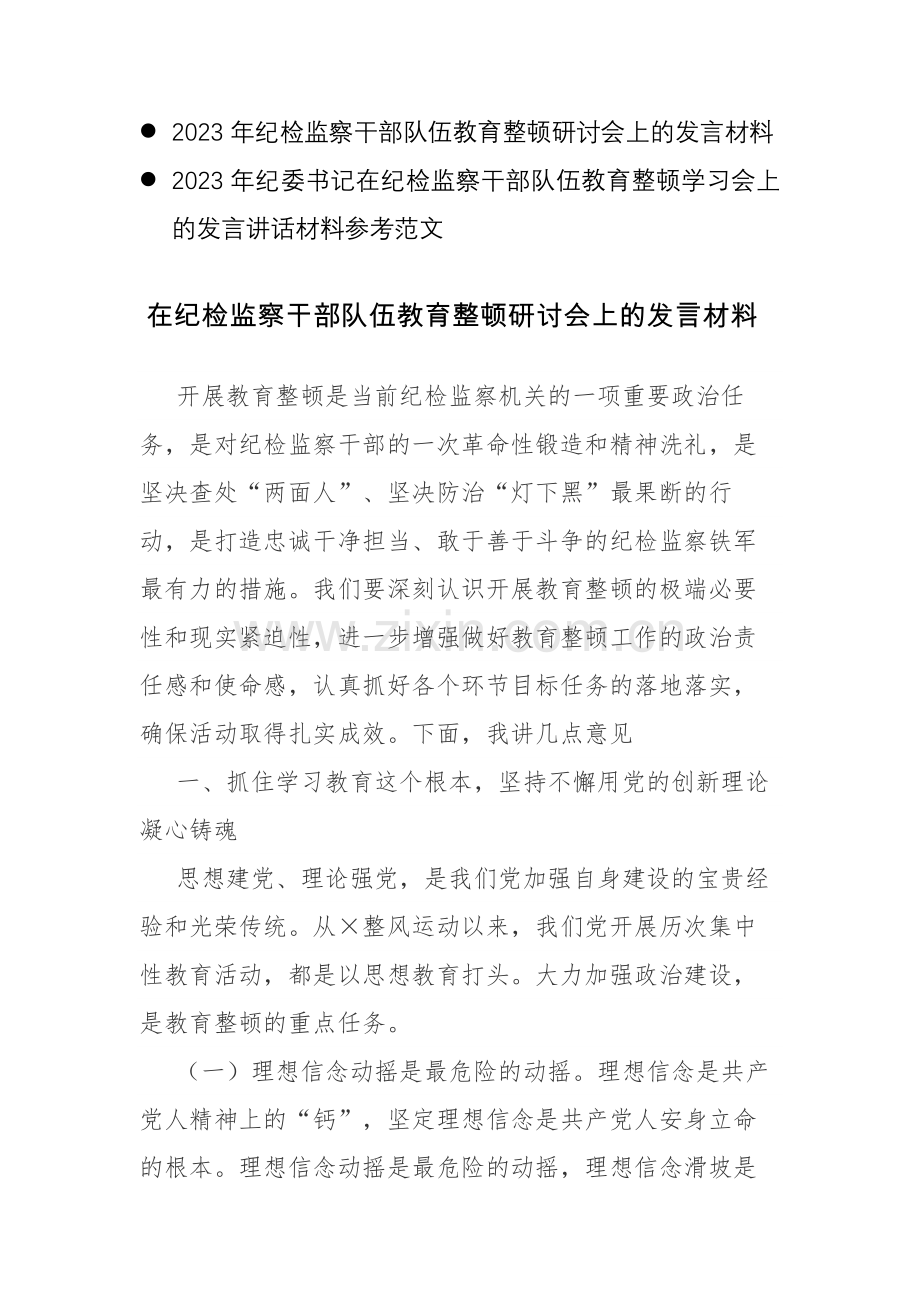 2023年纪检监察干部队伍教育整顿研讨会上的发言材料范文2篇.docx_第1页