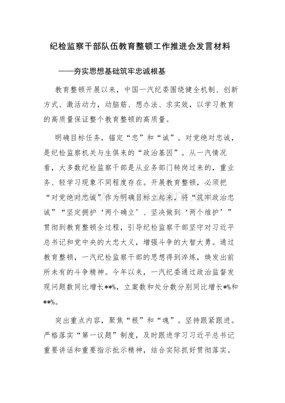 纪检监察干部队伍教育整顿工作推进会发言材料及纪检监察干部队伍教育整顿研讨发言2篇汇编.docx_第1页