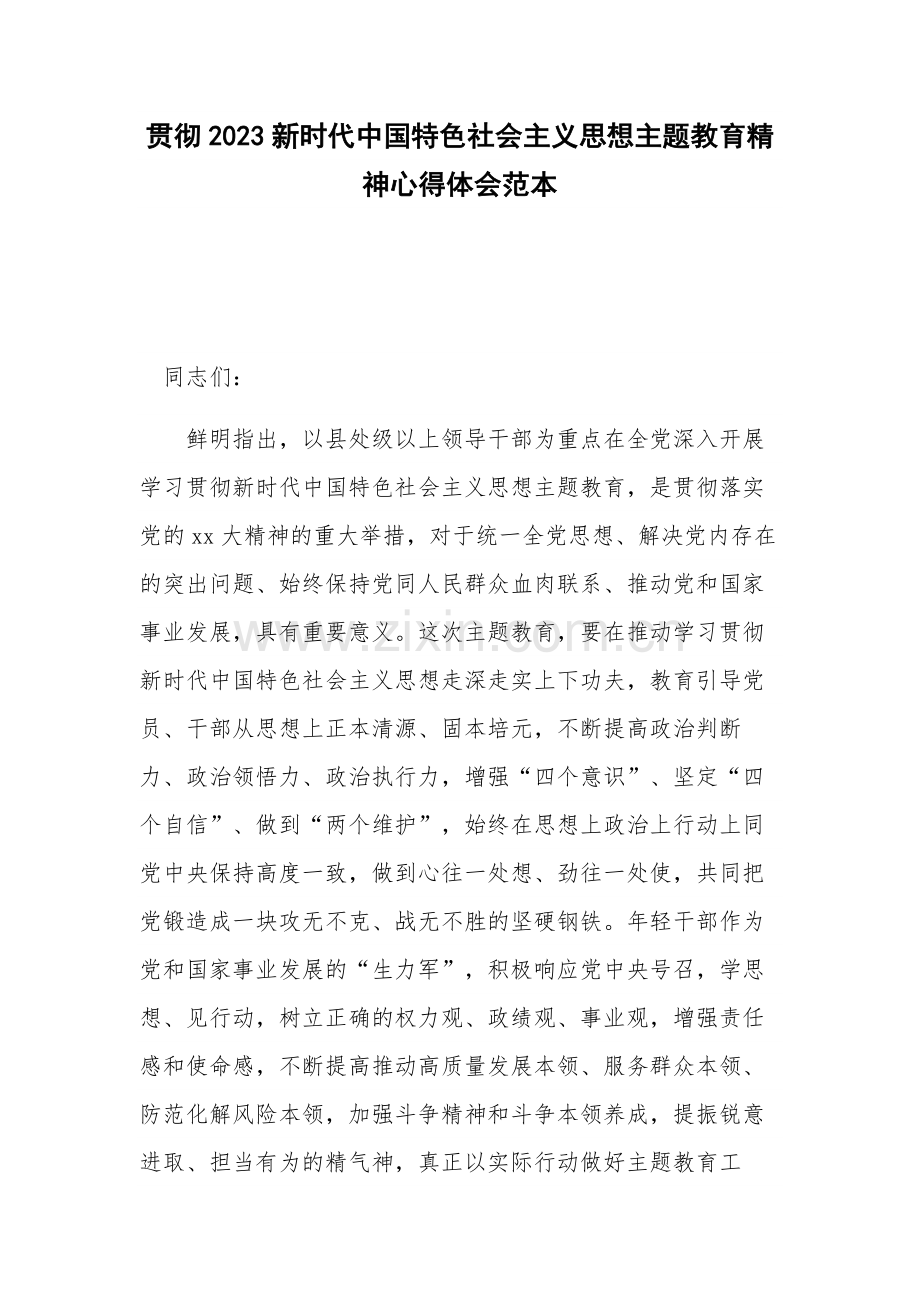 贯彻2023新时代中国特色社会主义思想主题教育精神心得体会范本.docx_第1页
