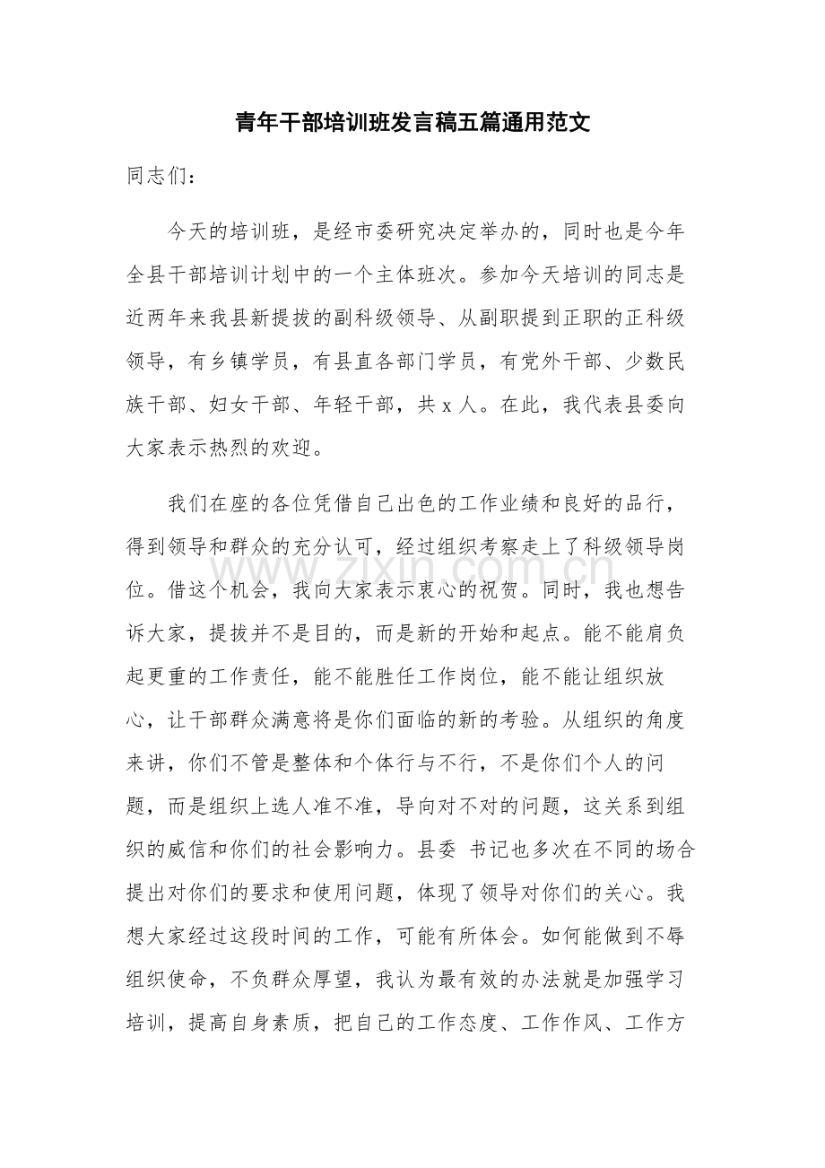 青年干部培训班发言稿五篇通用范文.docx_第1页