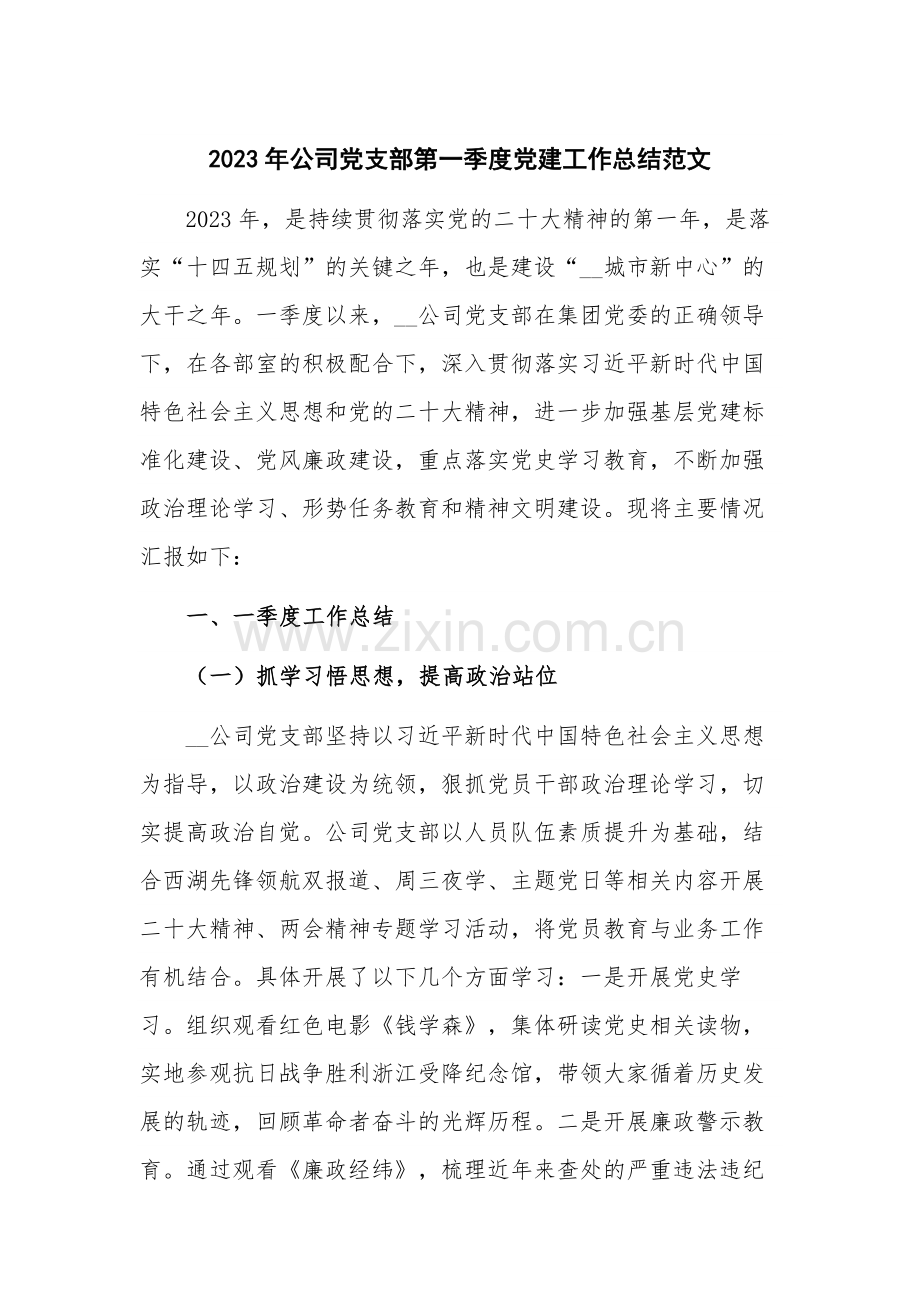 2023年公司党支部第一季度党建工作总结范文.docx_第1页
