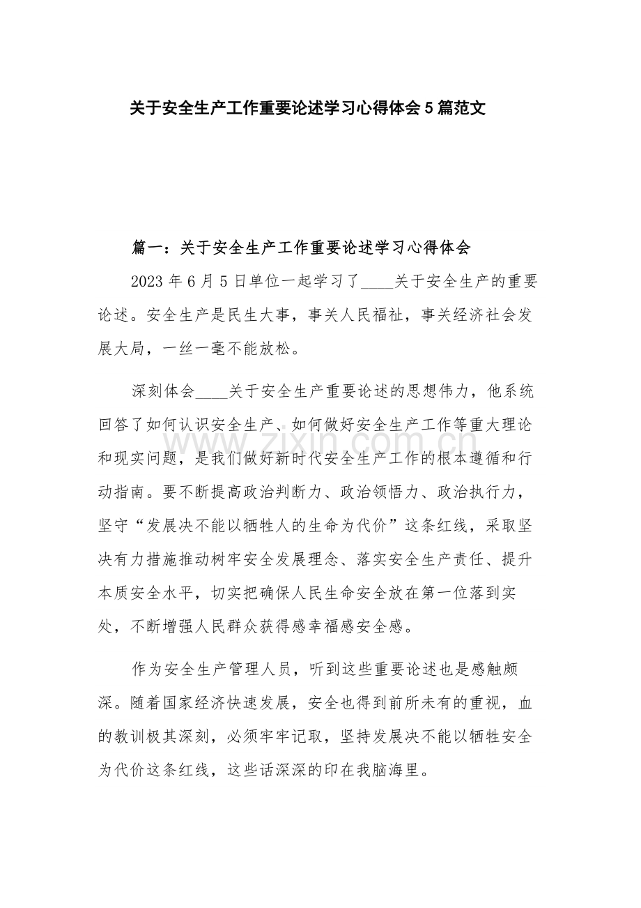 关于安全生产工作重要论述学习心得体会5篇范文.docx_第1页