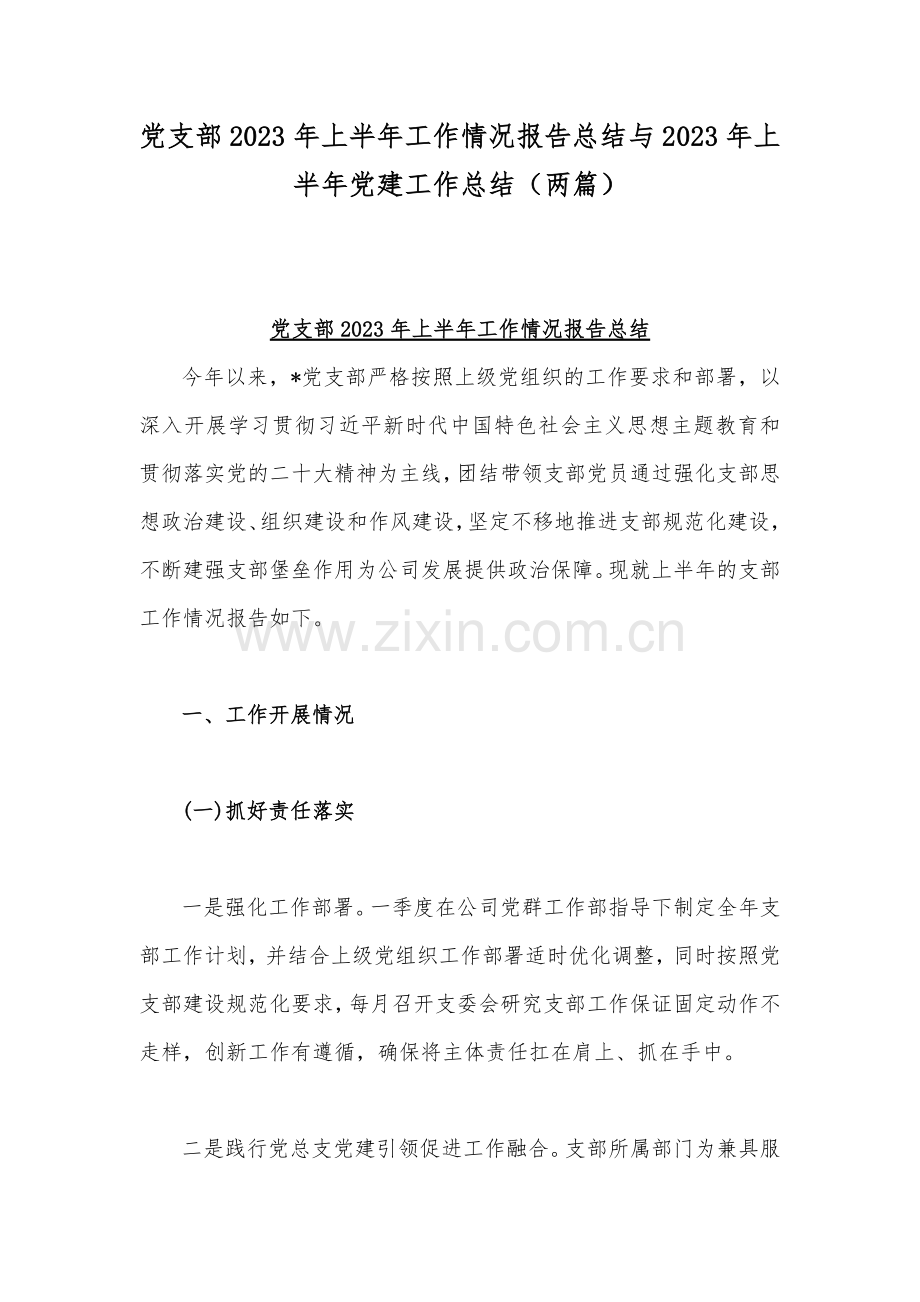 党支部2023年上半年工作情况报告总结与2023年上半年党建工作总结（两篇）.docx_第1页