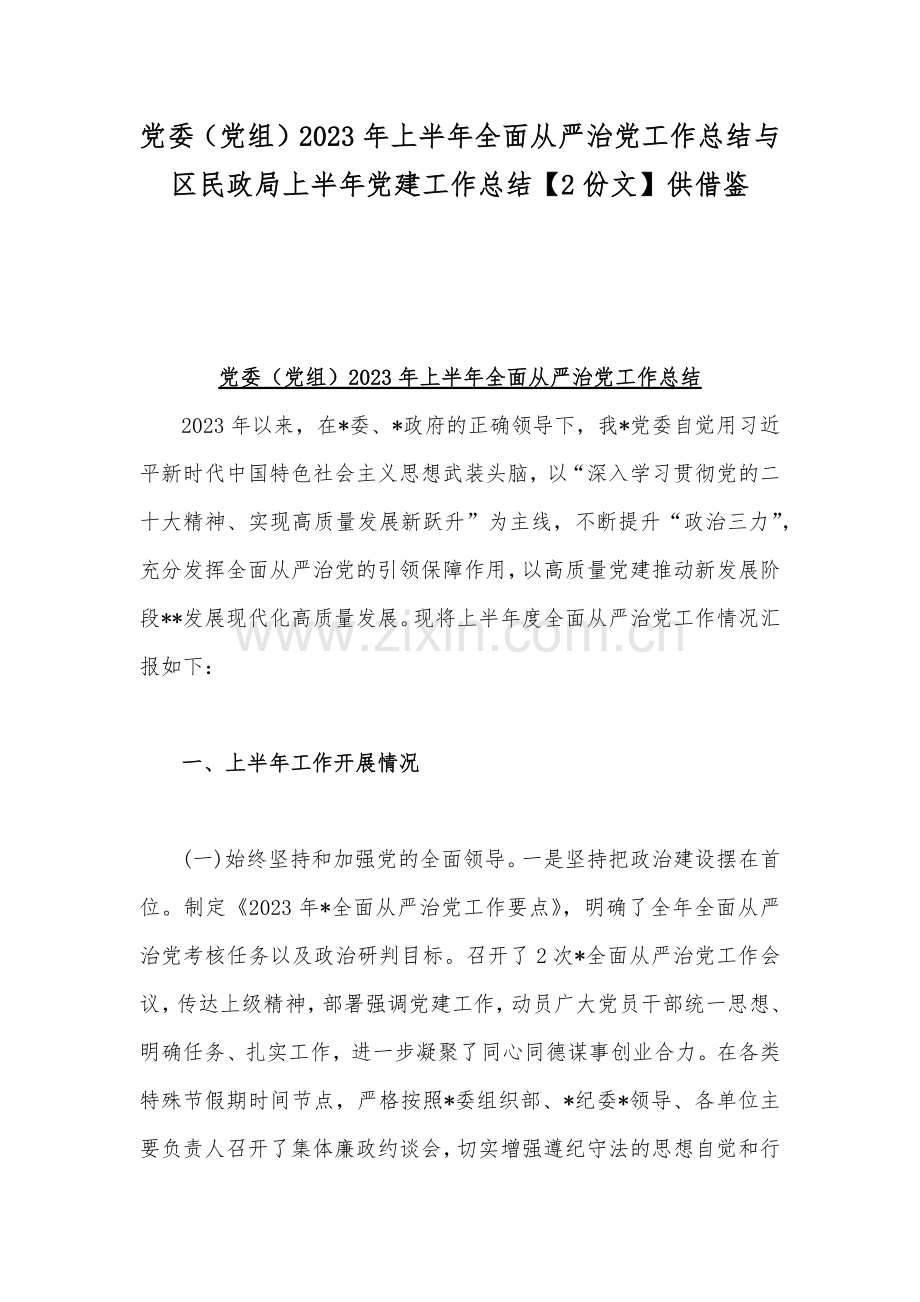 党委（党组）2023年上半年全面从严治党工作总结与区民政局上半年党建工作总结【2份文】供借鉴.docx_第1页