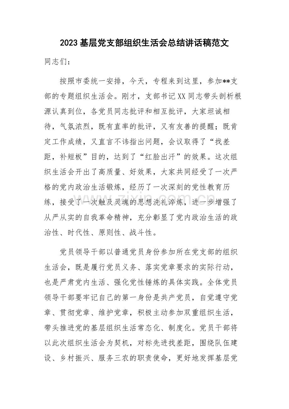2023基层党支部组织生活会总结讲话稿范文.docx_第1页