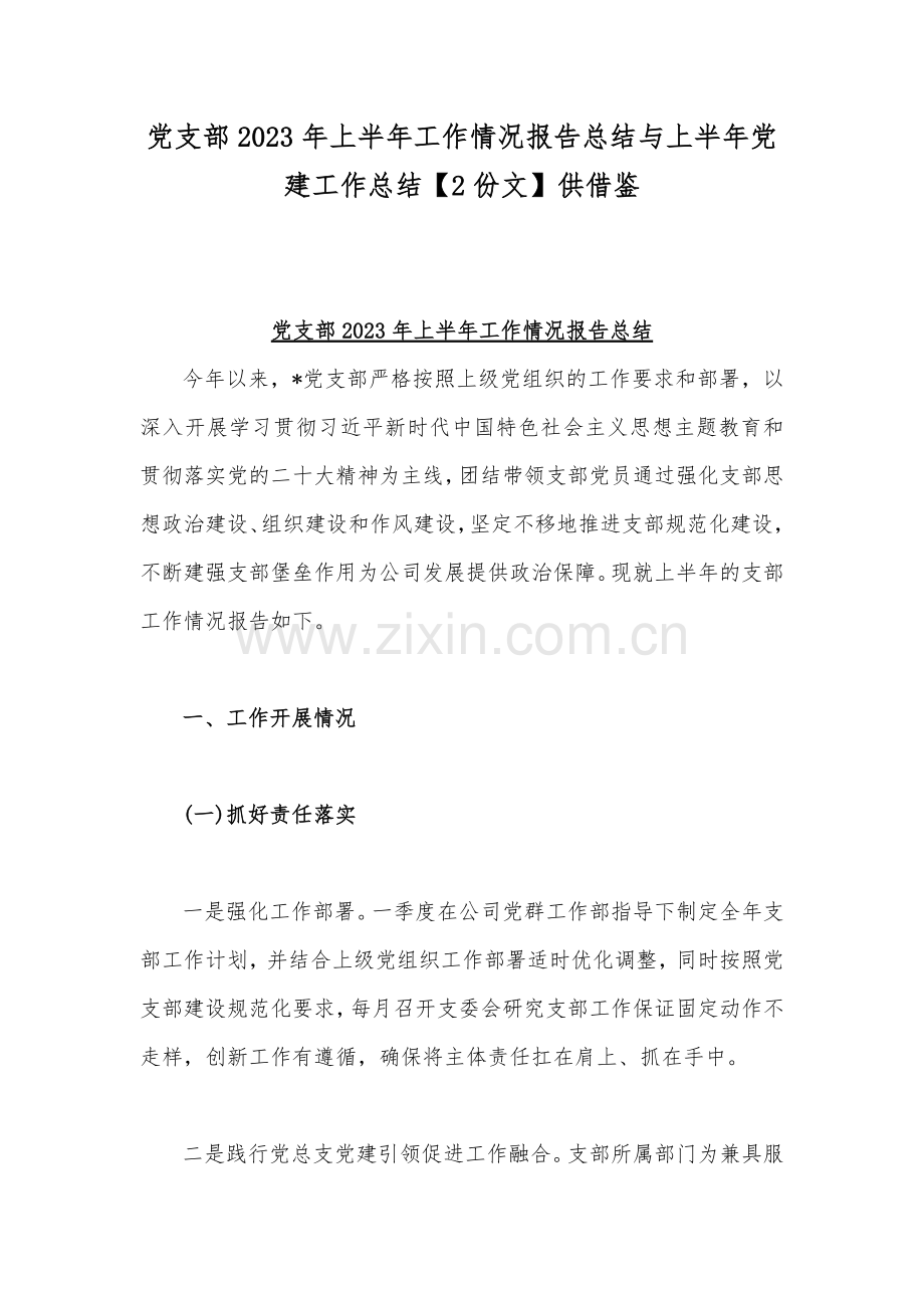 党支部2023年上半年工作情况报告总结与上半年党建工作总结【2份文】供借鉴.docx_第1页