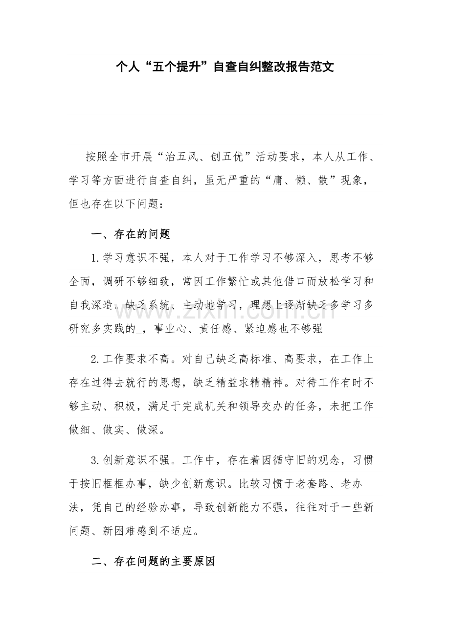 个人“五个提升”自查自纠整改报告范文.docx_第1页