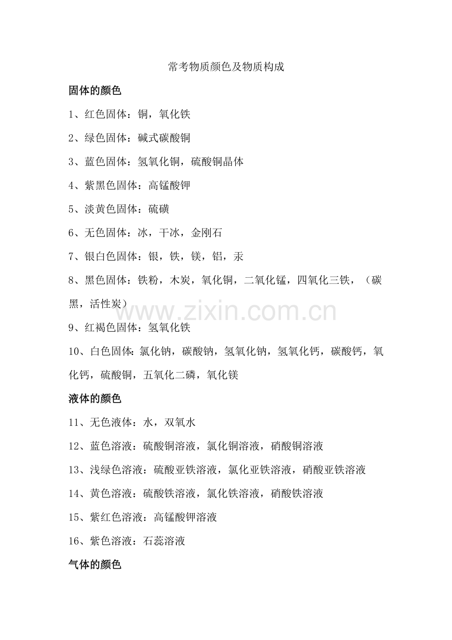 初中化学常考物质颜色及物质构成.docx_第1页