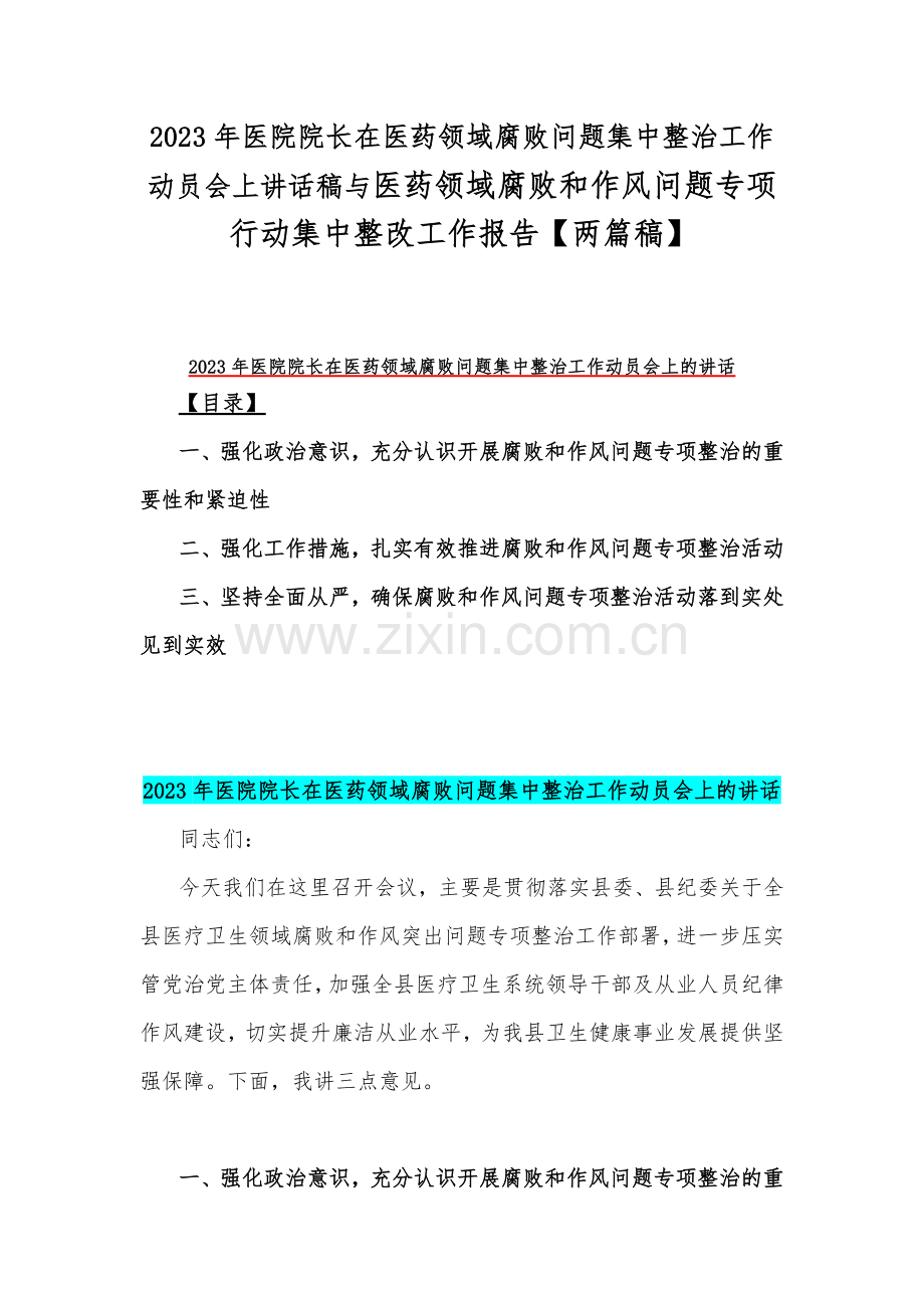 2023年医院院长在医药领域腐败问题集中整治工作动员会上讲话稿与医药领域腐败和作风问题专项行动集中整改工作报告【两篇稿】.docx_第1页