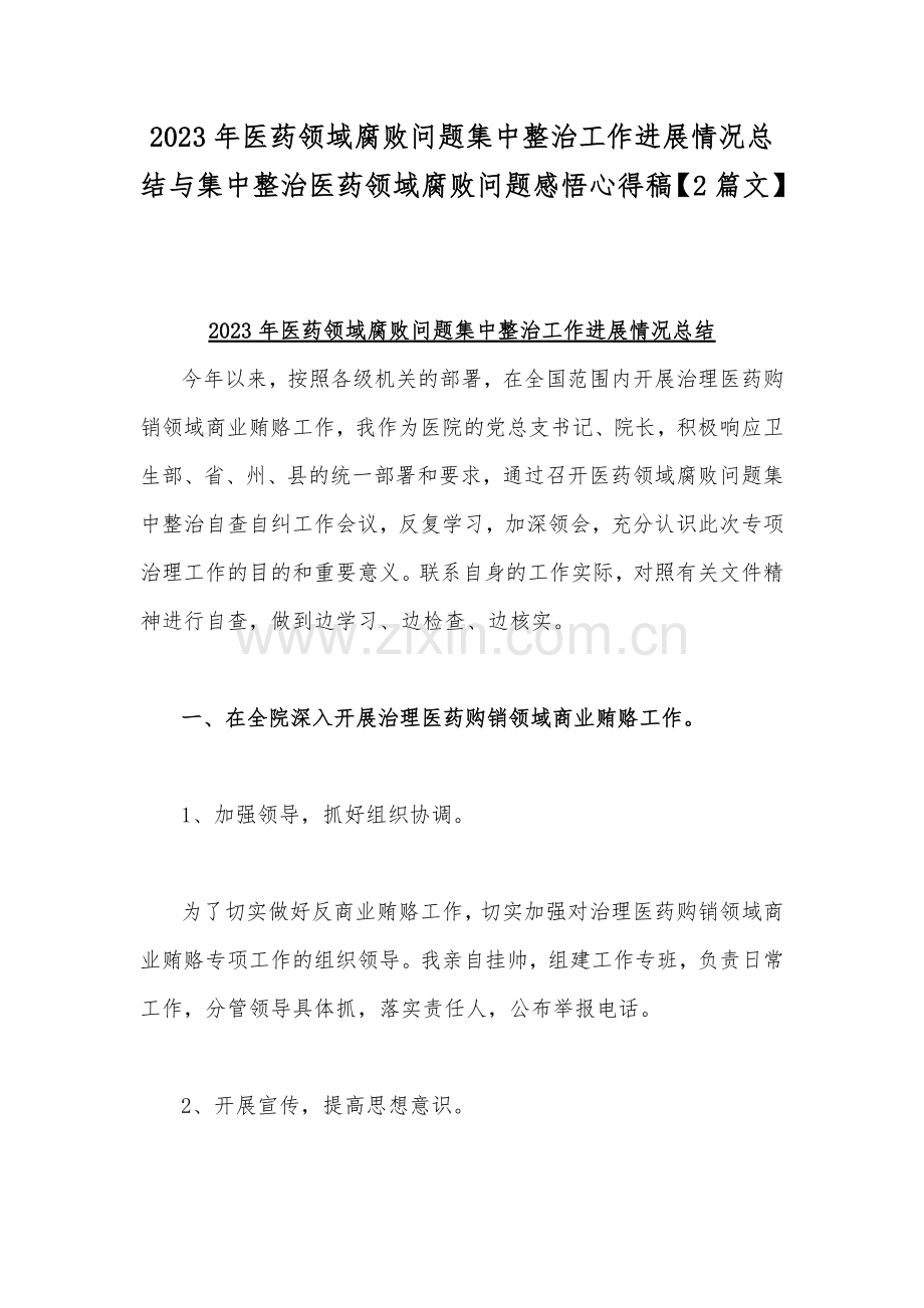 2023年医药领域腐败问题集中整治工作进展情况总结与集中整治医药领域腐败问题感悟心得稿【2篇文】.docx_第1页