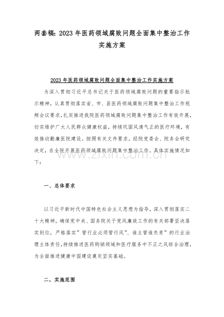 两套稿：2023年医药领域腐败问题全面集中整治工作实施方案.docx_第1页