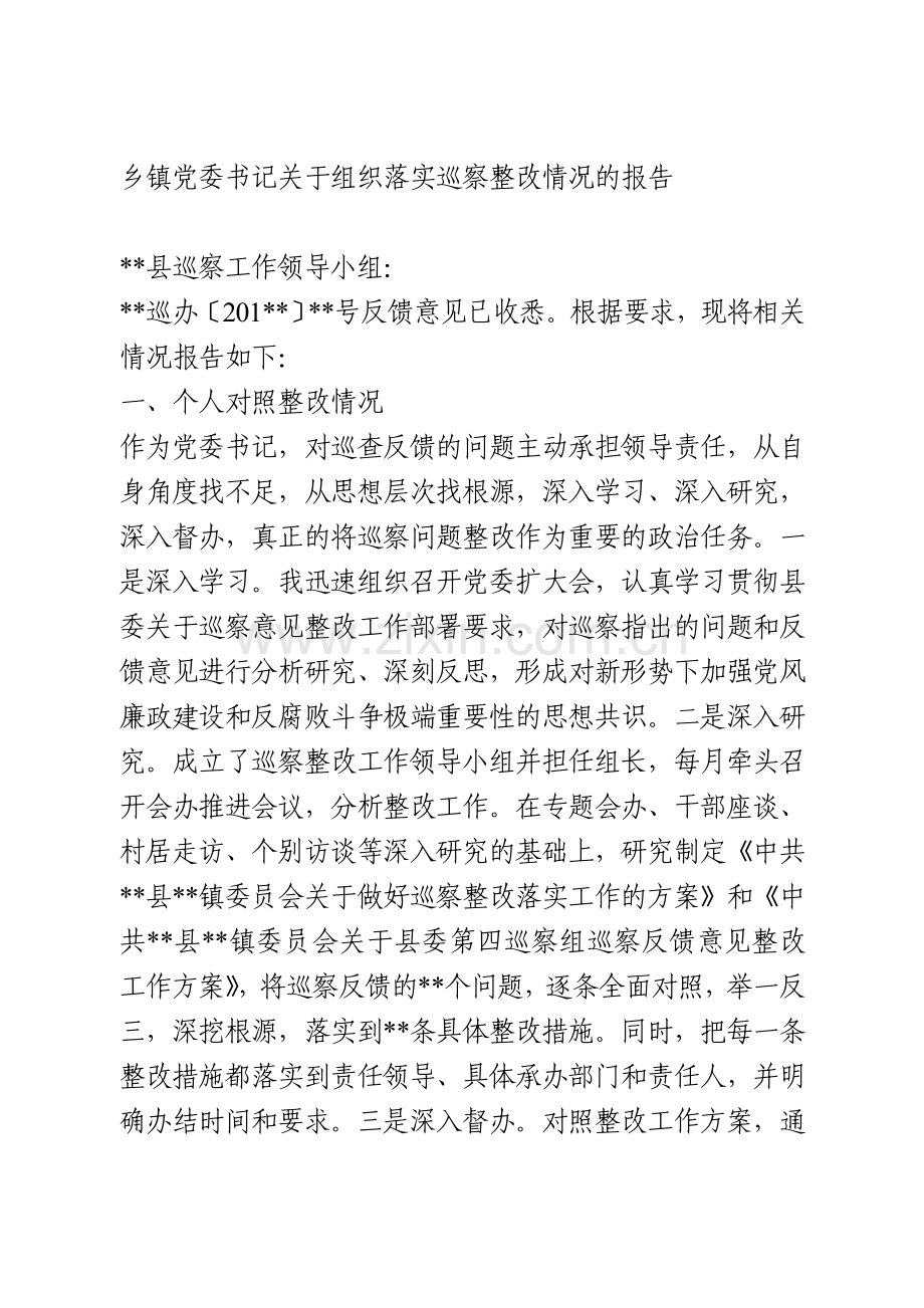 乡镇党委书记关于组织落实巡察整改情况的报告.doc_第1页