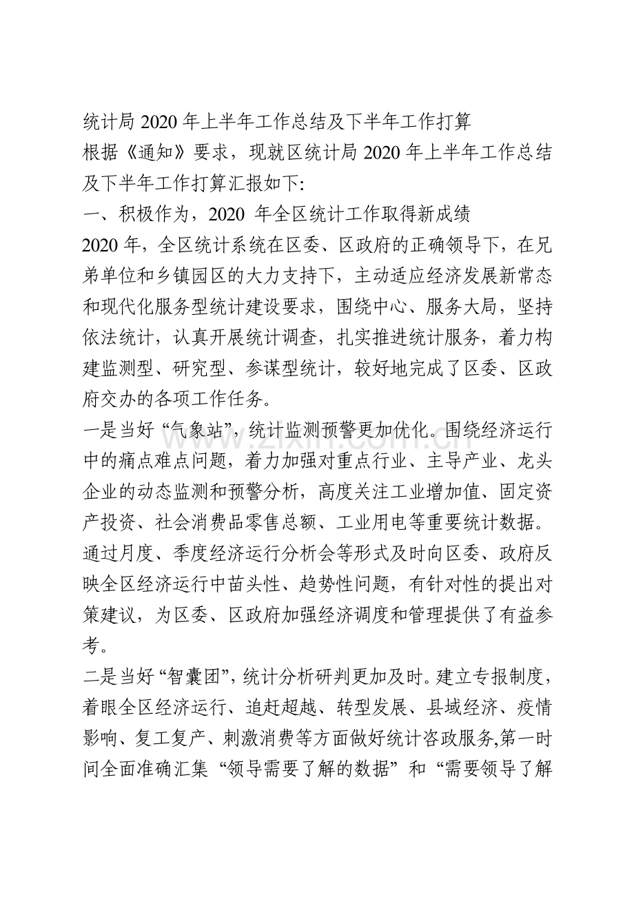 统计局2020年上半年工作总结及下半年工作打算.doc_第1页