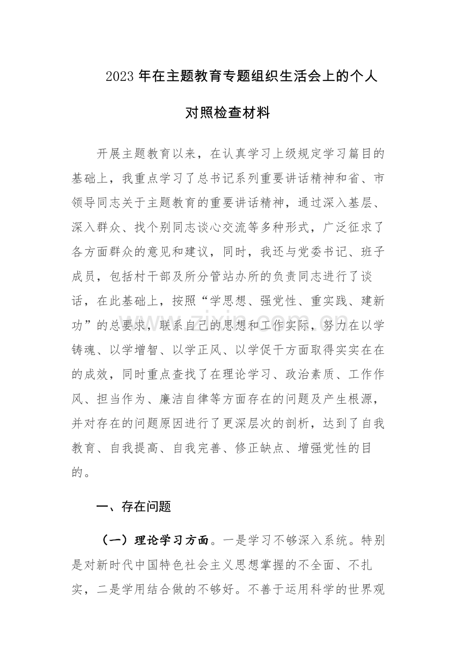 2023年在主题教育专题组织生活会上的个人对照检查材料参考范文.docx_第1页