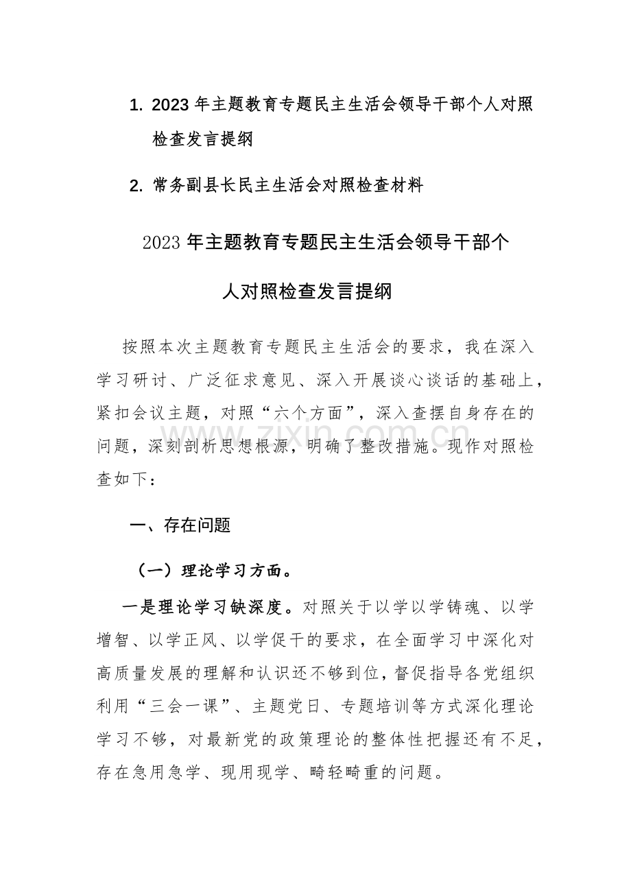 领导干部2023年主题教育专题民主生活会个人（六个方面）对照检查发言提纲范文2篇.docx_第1页