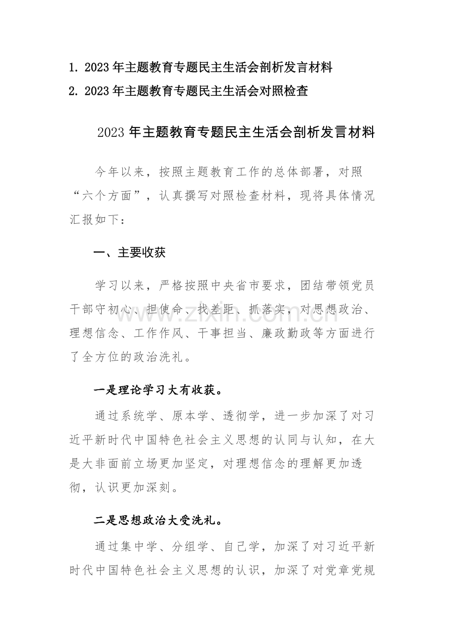 2023年主题教育专题民主生活会对照检查剖析发言材料范文2篇.docx_第1页