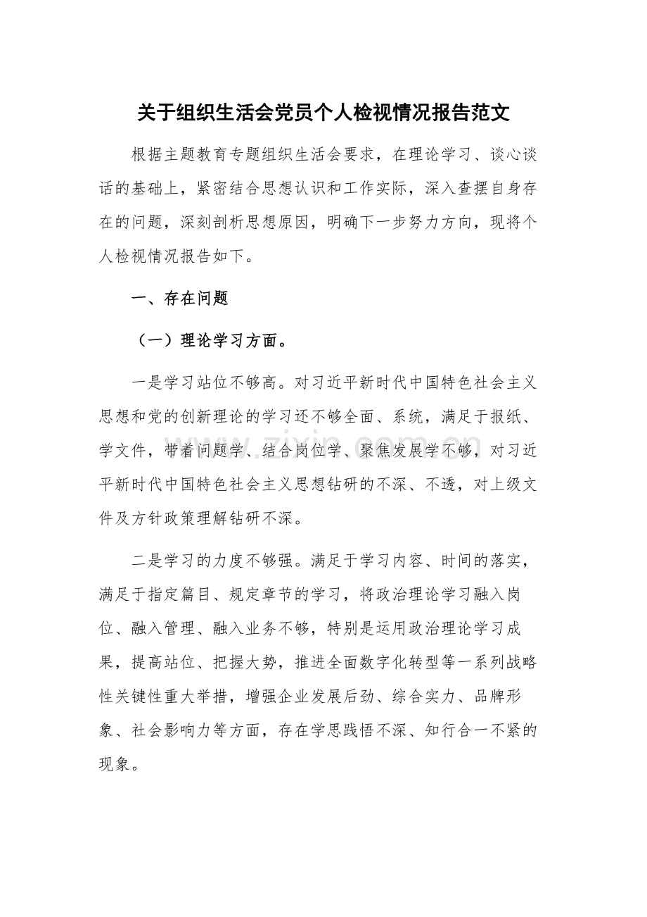 关于组织生活会党员个人检视情况报告范文.docx_第1页