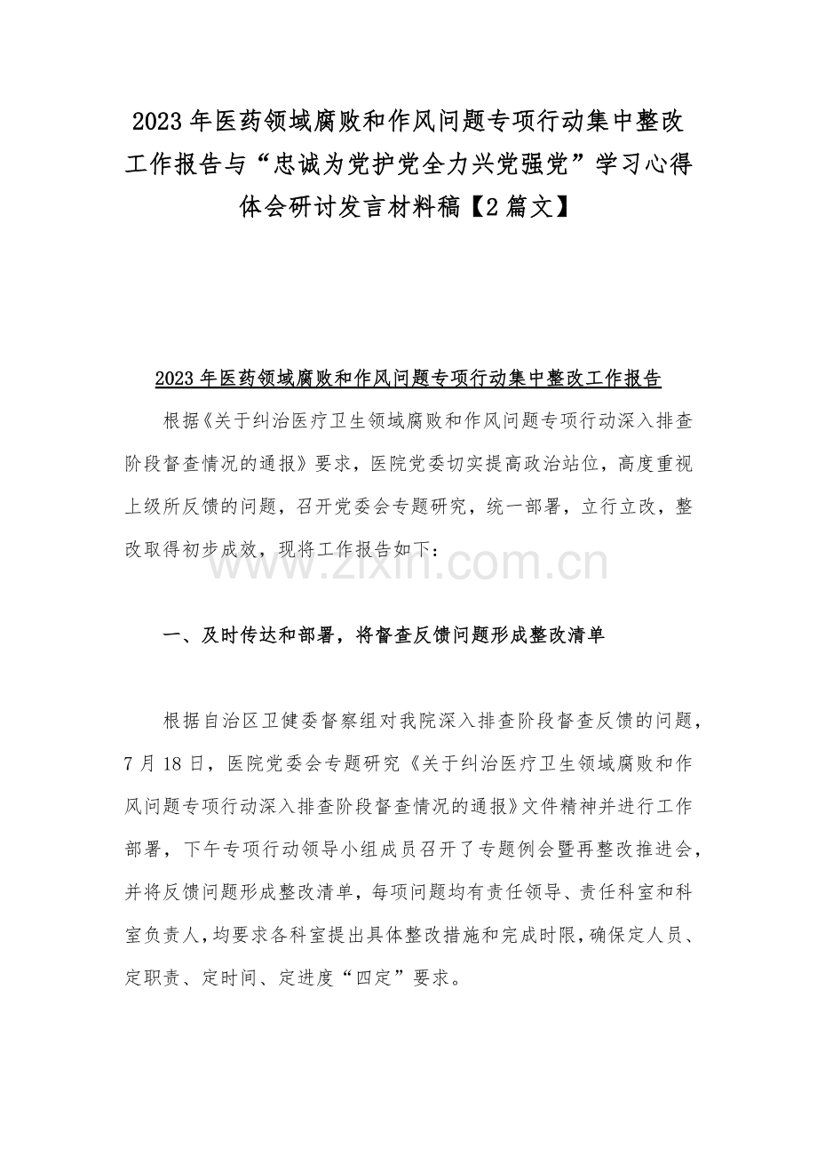 2023年医药领域腐败和作风问题专项行动集中整改工作报告与“忠诚为党护党全力兴党强党”学习心得体会研讨发言材料稿【2篇文】.docx_第1页