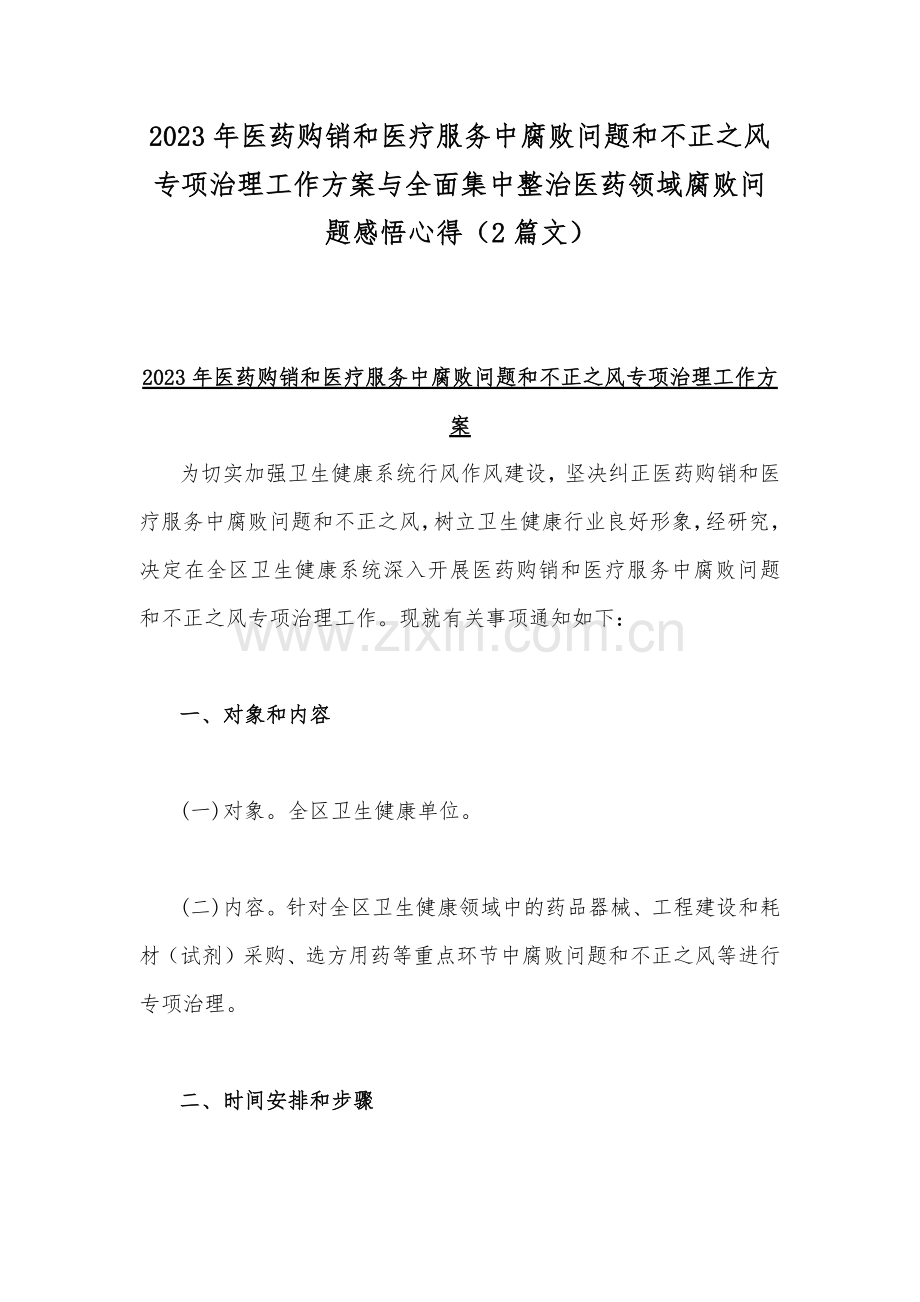 2023年医药购销和医疗服务中腐败问题和不正之风专项治理工作方案与全面集中整治医药领域腐败问题感悟心得（2篇文）.docx_第1页